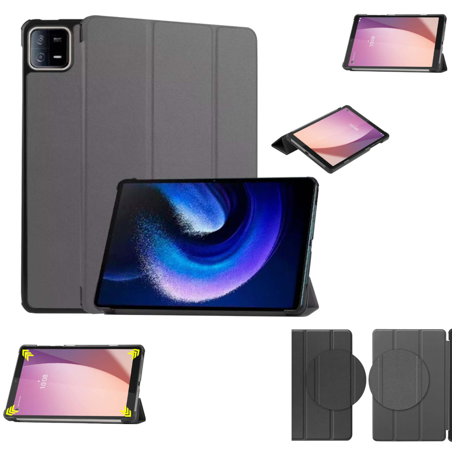 Graue Tablethülle und Tablet. Die Hülle ist grau, das Tablet hat einen blau-lila Bildschirm. Mehrere Bilder.