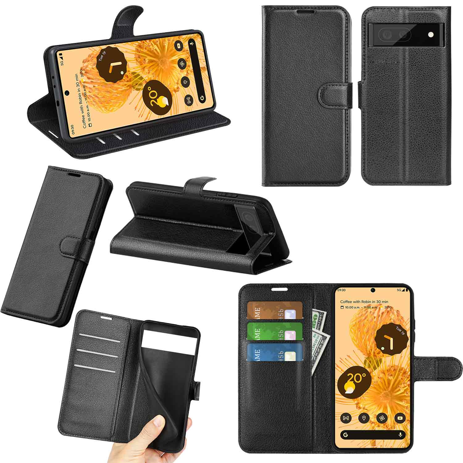 Schwarze Handyhülle mit mehreren Ansichten, die das Telefon, Karten und verschiedene Winkel zeigen.