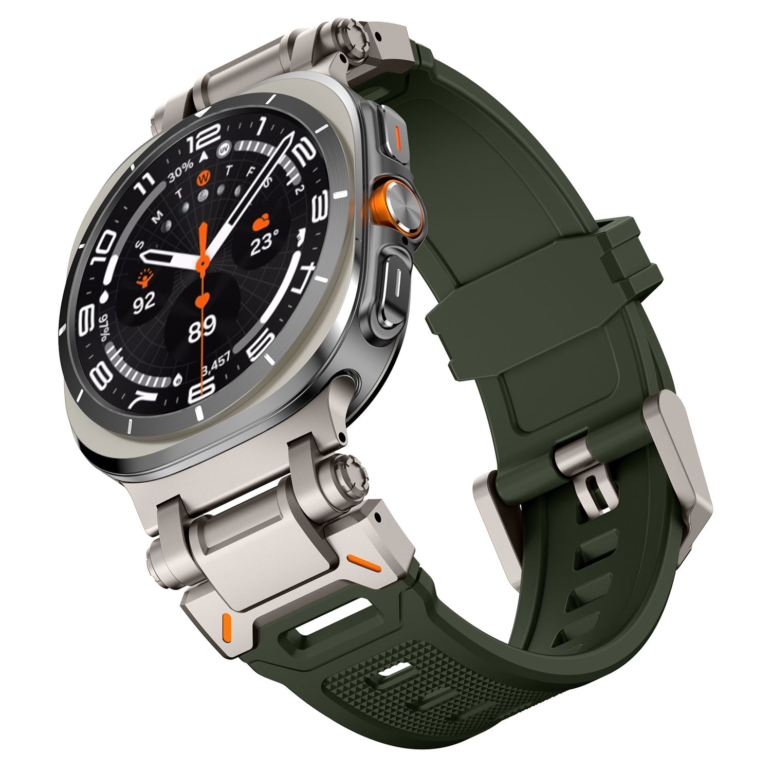 Silberne und grüne Smartwatch mit grünem Armband, zeigt Zeit und Daten an.