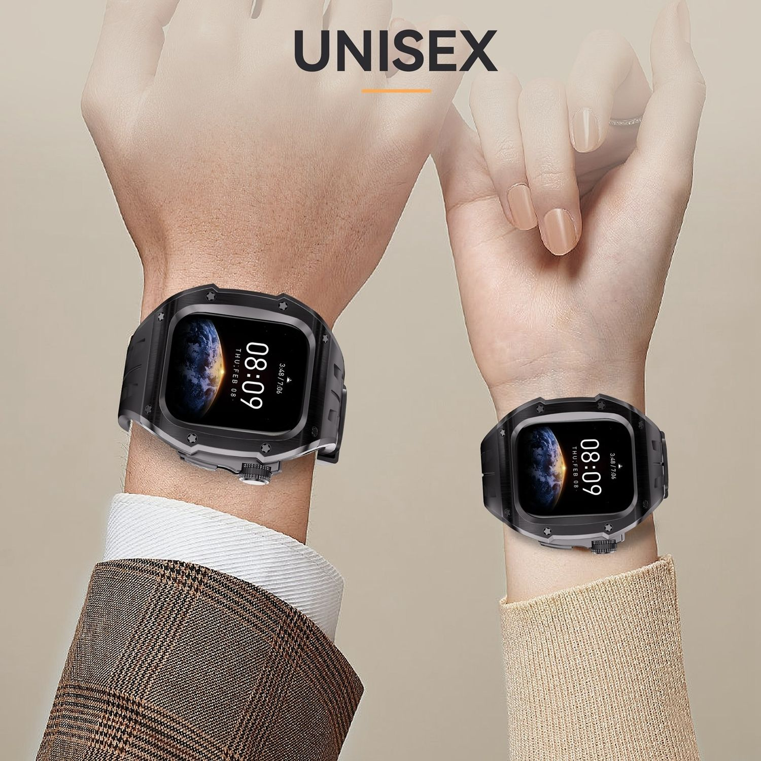 Zwei Personen, die Smartwatches am Handgelenk tragen. Unisex-Konzept.