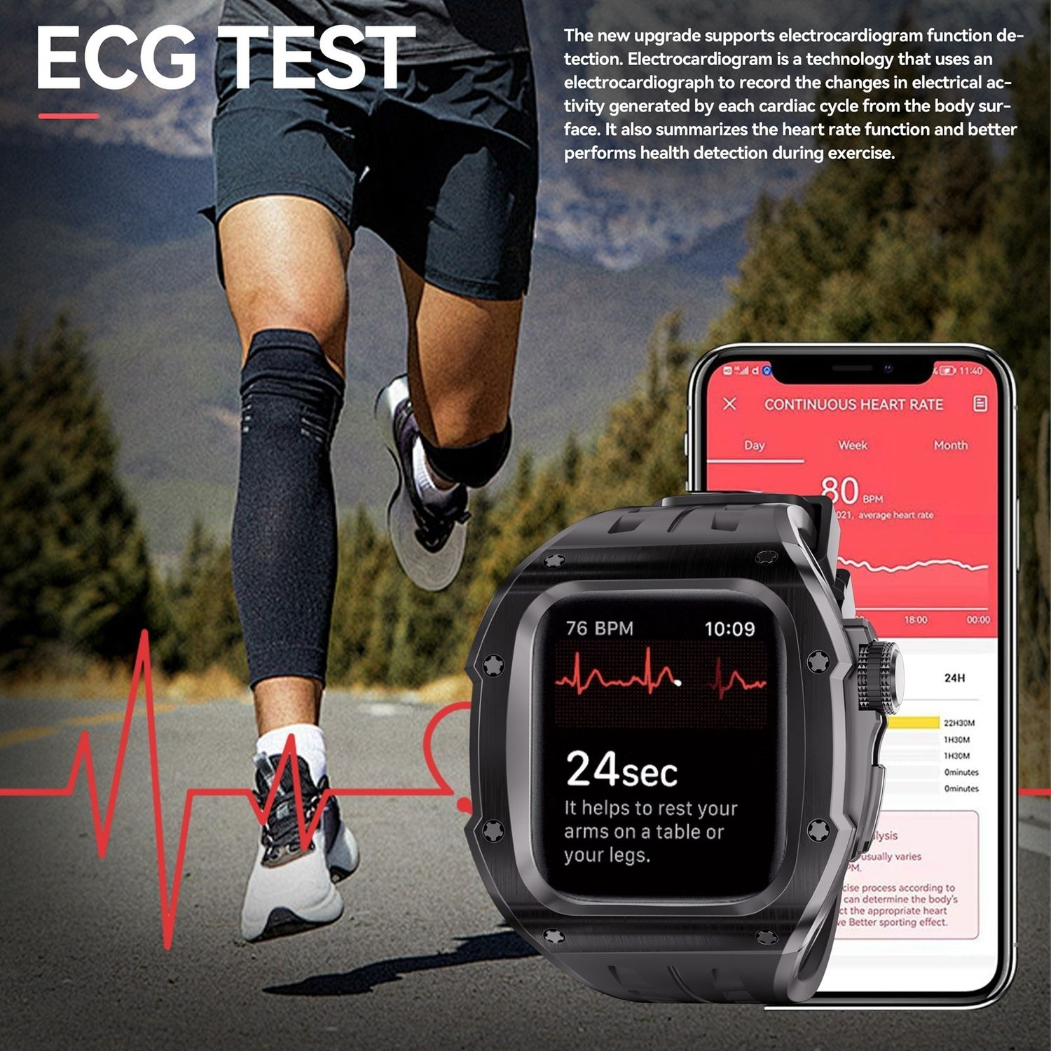 Person rennt mit Smartwatch zur Herzfrequenzüberwachung, Telefon im Hintergrund.