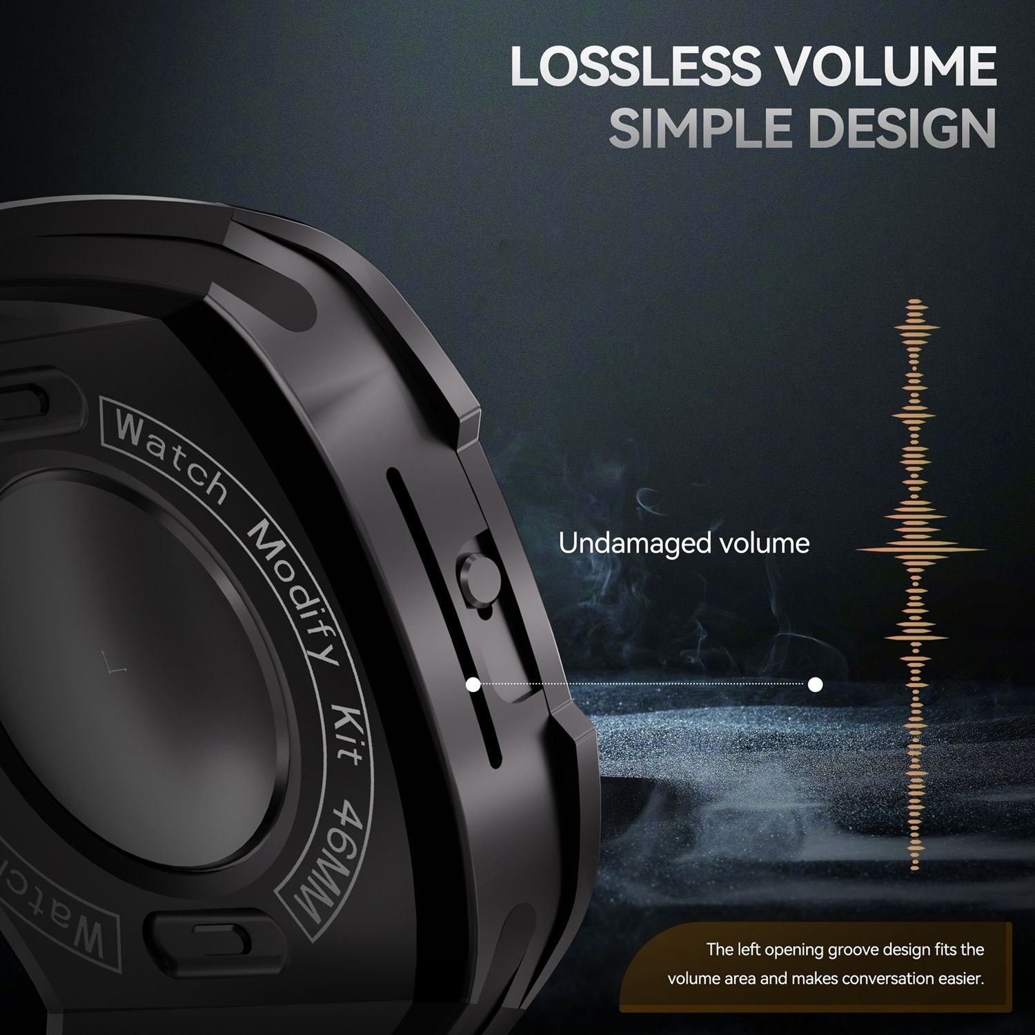 Schwarzes Smartwatch-Detail, Text 'Lossless Volume Simple Design' und 'Undamaged volume' sind sichtbar.