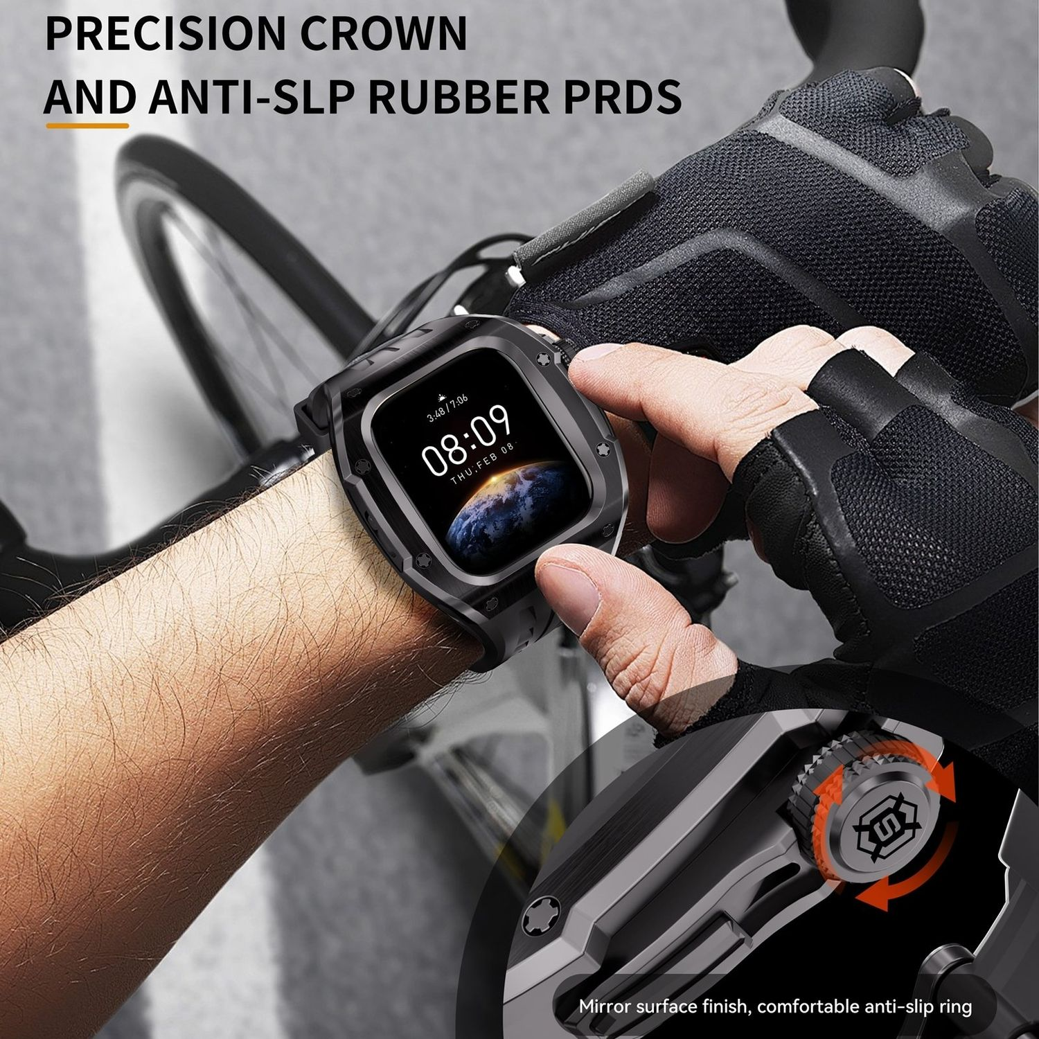 Person trägt eine schwarze Smartwatch mit digitaler Anzeige, Fahrradrad im Hintergrund.