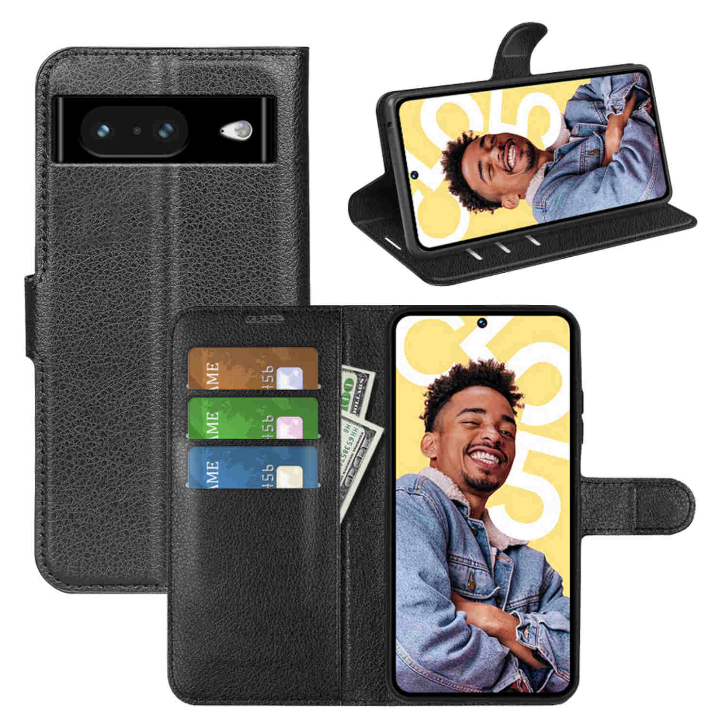 Eine schwarze Handyhülle, geöffnet, die ein Handy mit dem Bild eines Mannes zeigt. Weißer Hintergrund.
