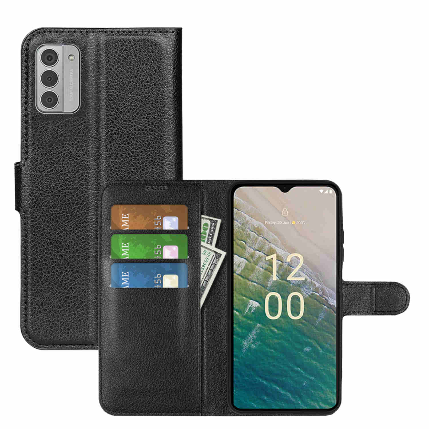 Schwarze Handyhülle mit Karten- und Geldfächern. Ein Telefon ist innen. Das Telefon zeigt die Uhrzeit an.