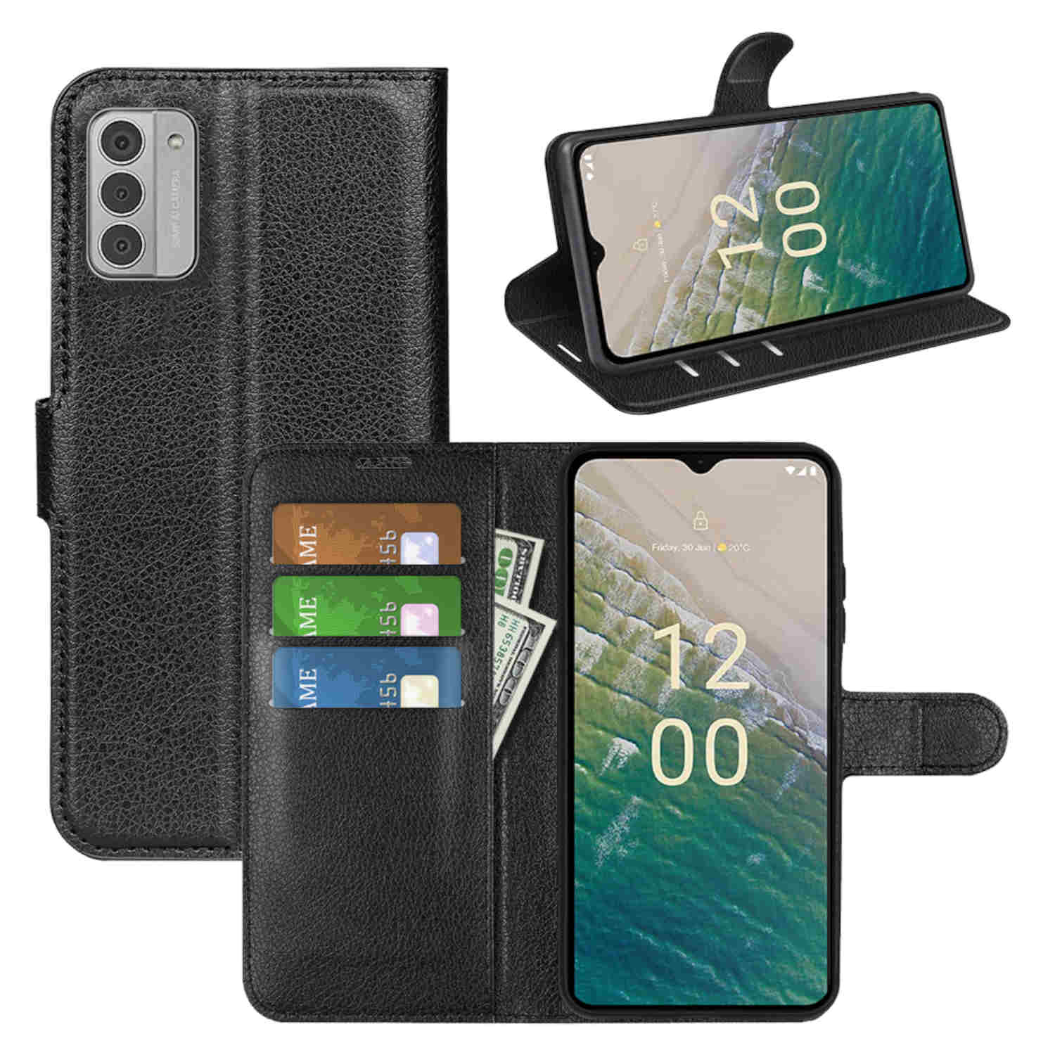 Geöffnete schwarze Handyhülle, Telefon zeigt Sperrbildschirm, Karten und Geld.