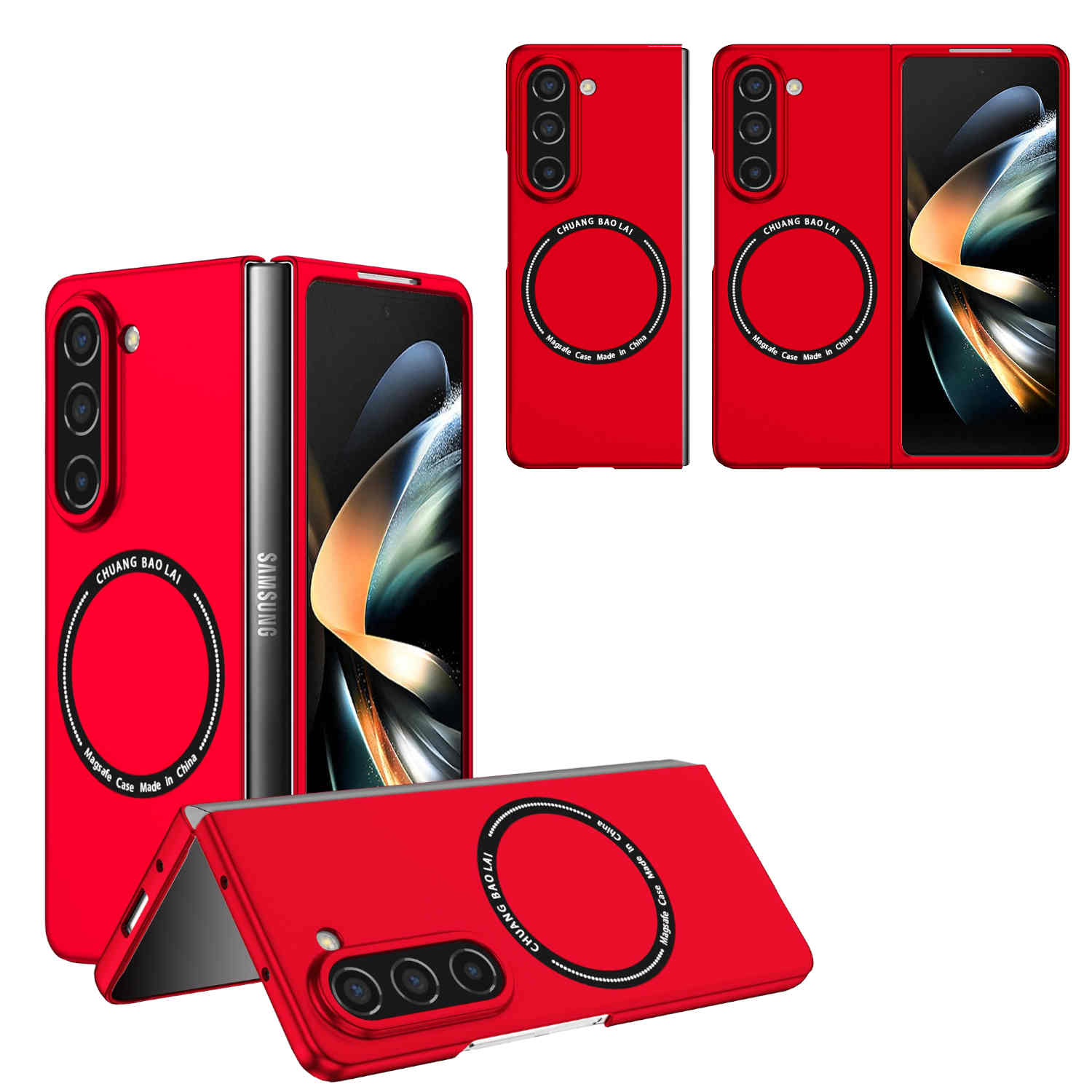 Rote Handyhüllen, gefaltet und entfaltet, zeigen das Telefon und die Hülle.