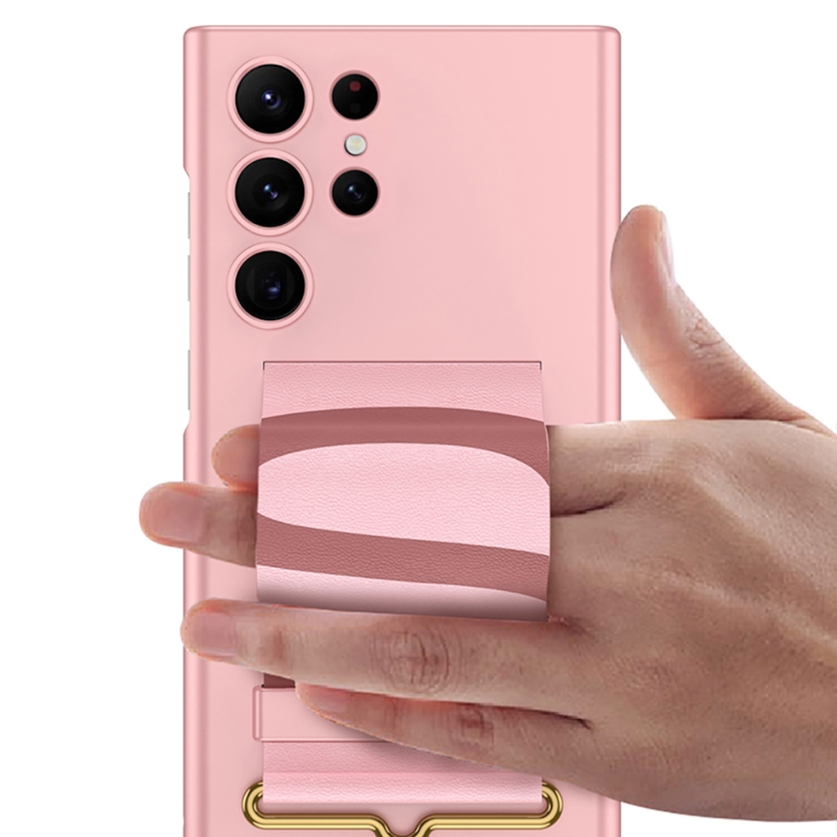 Funda de teléfono rosa con una mano sosteniendo una correa.
