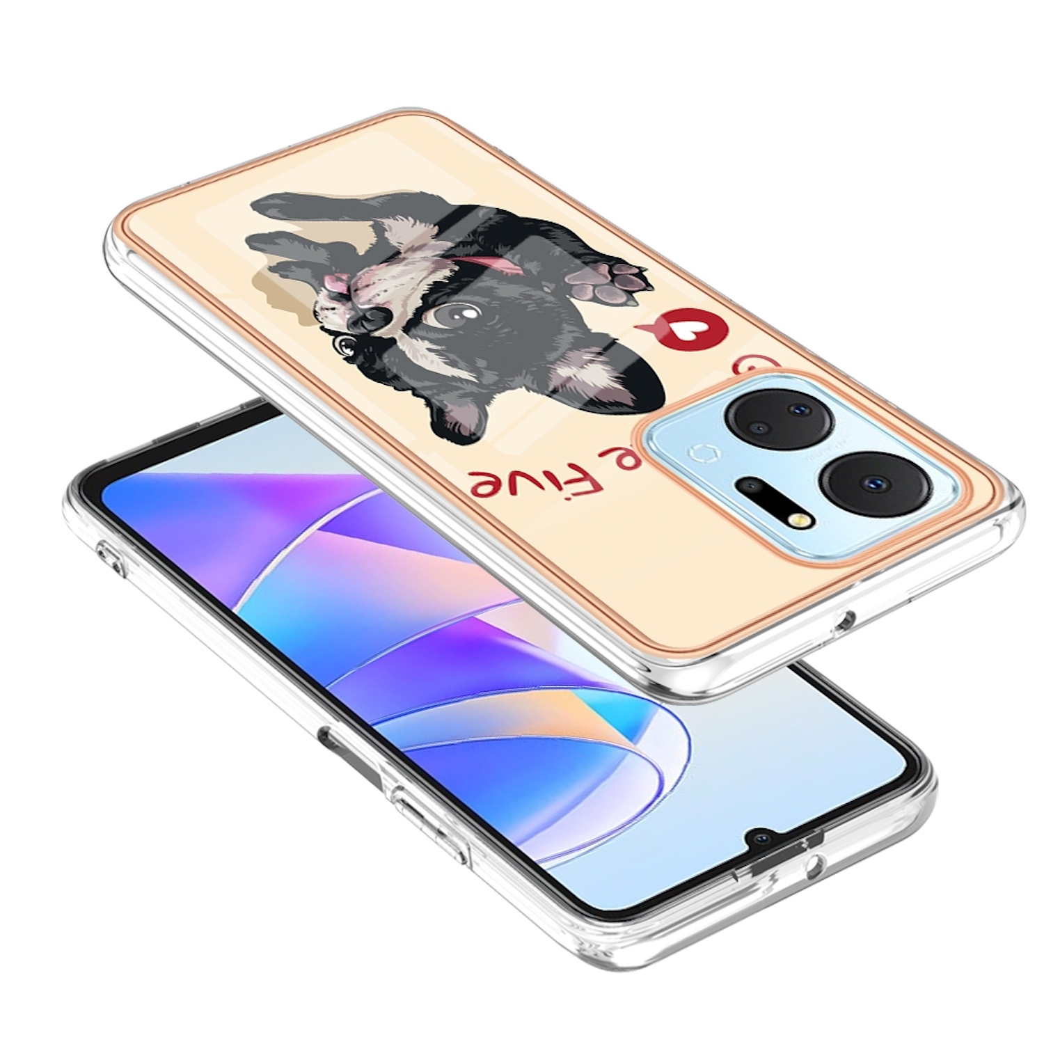 Ein Telefon in einer durchsichtigen Hülle mit einer Hundeillustration. Das Telefon befindet sich auf einer weißen Oberfläche.