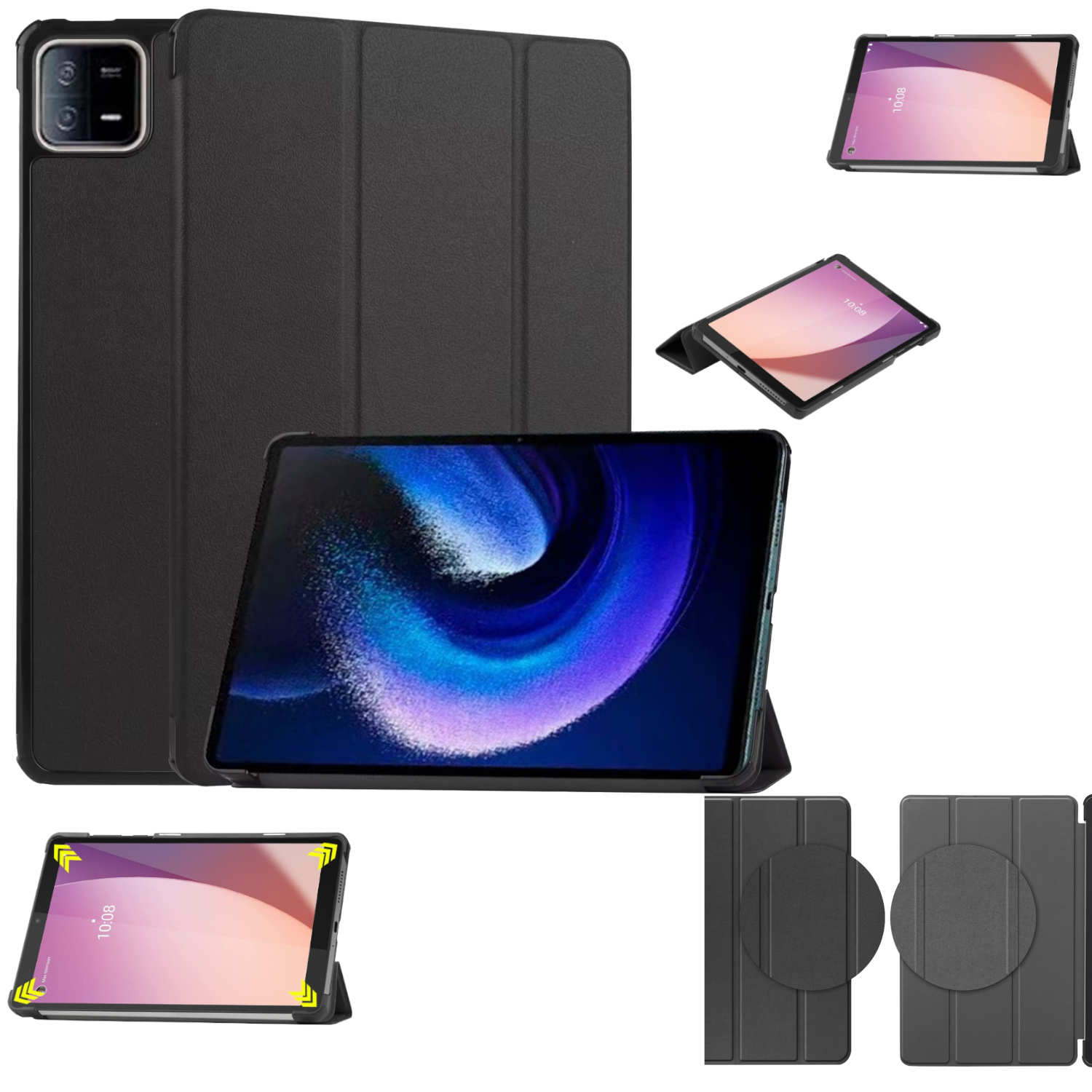 Schwarze Tablet-Hülle mit einem Tablet auf einem Ständer. Mehrere Ansichten. Das Tablet zeigt einen Bildschirm. Die Hülle hat einen Kameraausschnitt.