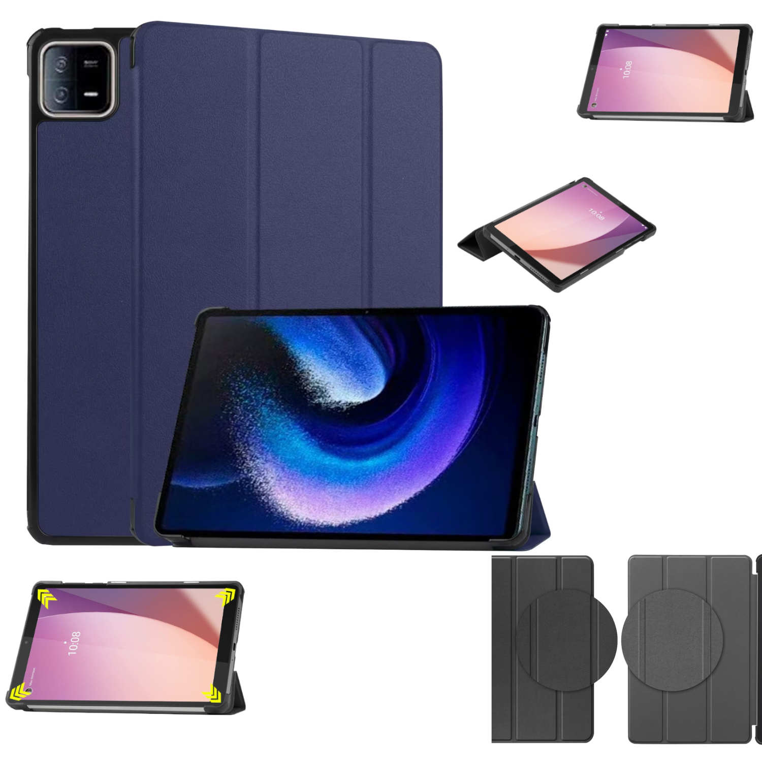Eine marineblaue Tablet-Hülle mit einem Tablet auf einem Ständer. Mehrere Ansichten. Das Tablet zeigt einen Bildschirm. Die Hülle hat einen Kameraausschnitt.