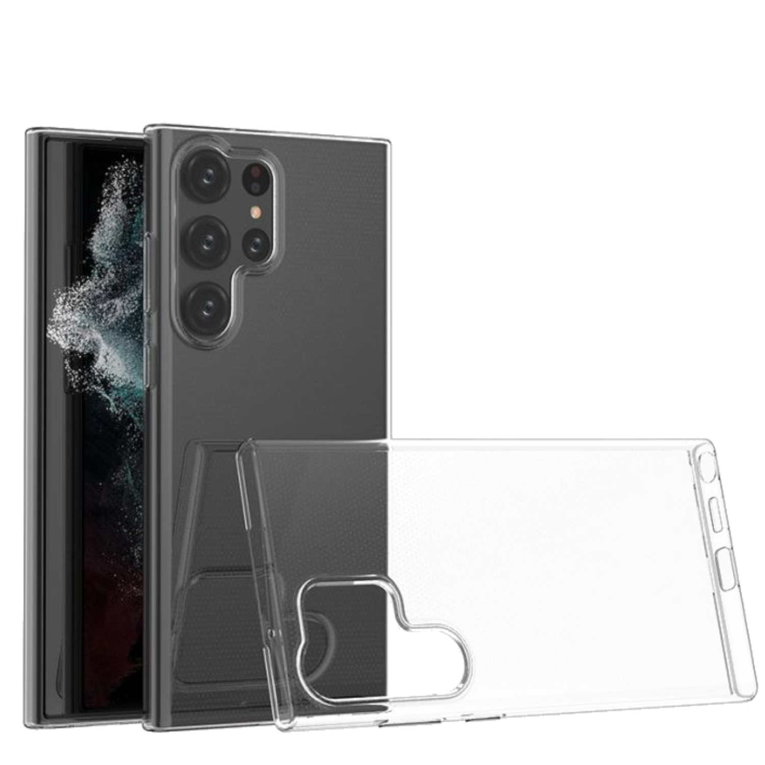 Transparente Handyhüllen mit dem Telefon im Inneren, zeigt die Rückseite des Telefons.