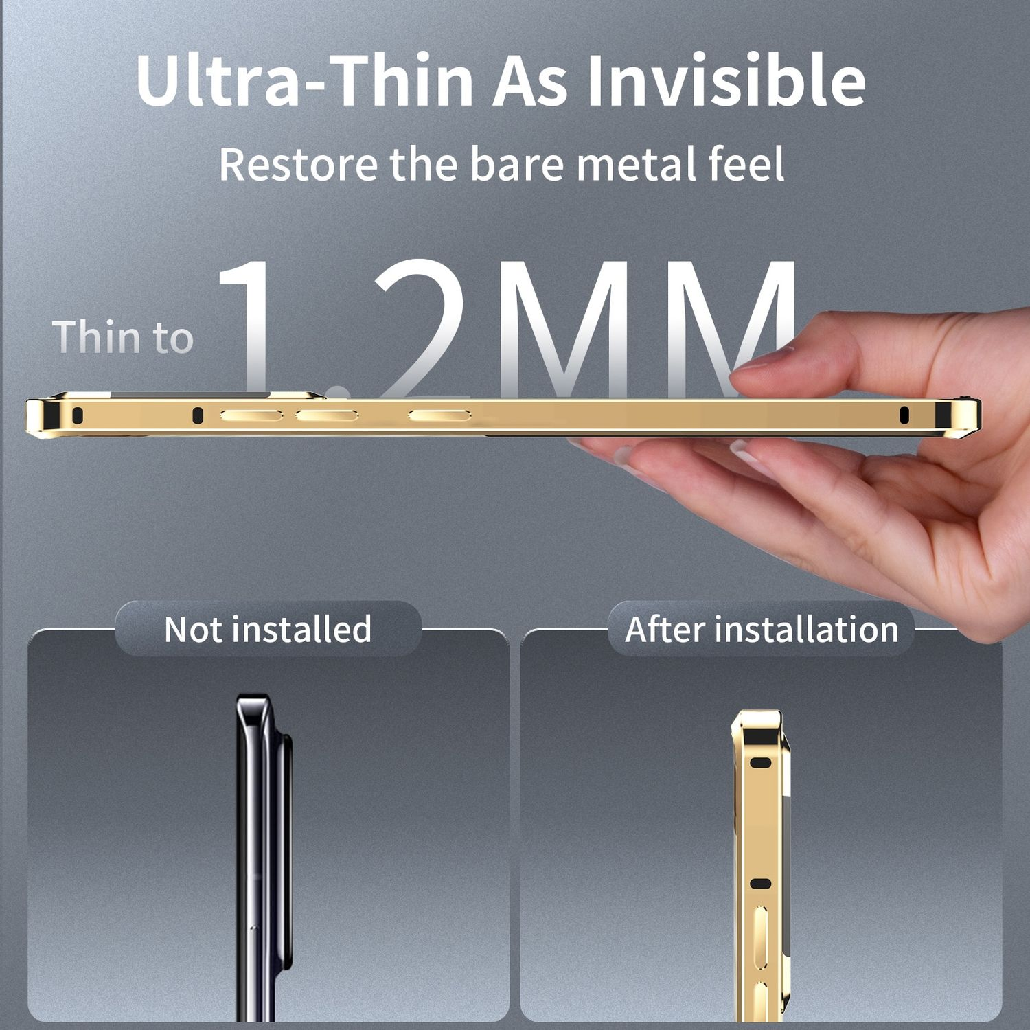 Goldene Handyhülle, dünnes Profil, Vergleich installiert/nicht installiert.