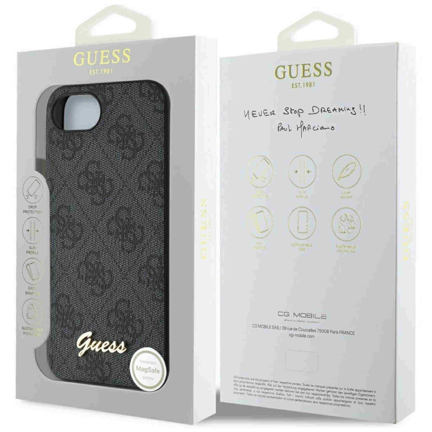 Custodia per telefono in una scatola. Motivo nero e grigio, logo Guess.