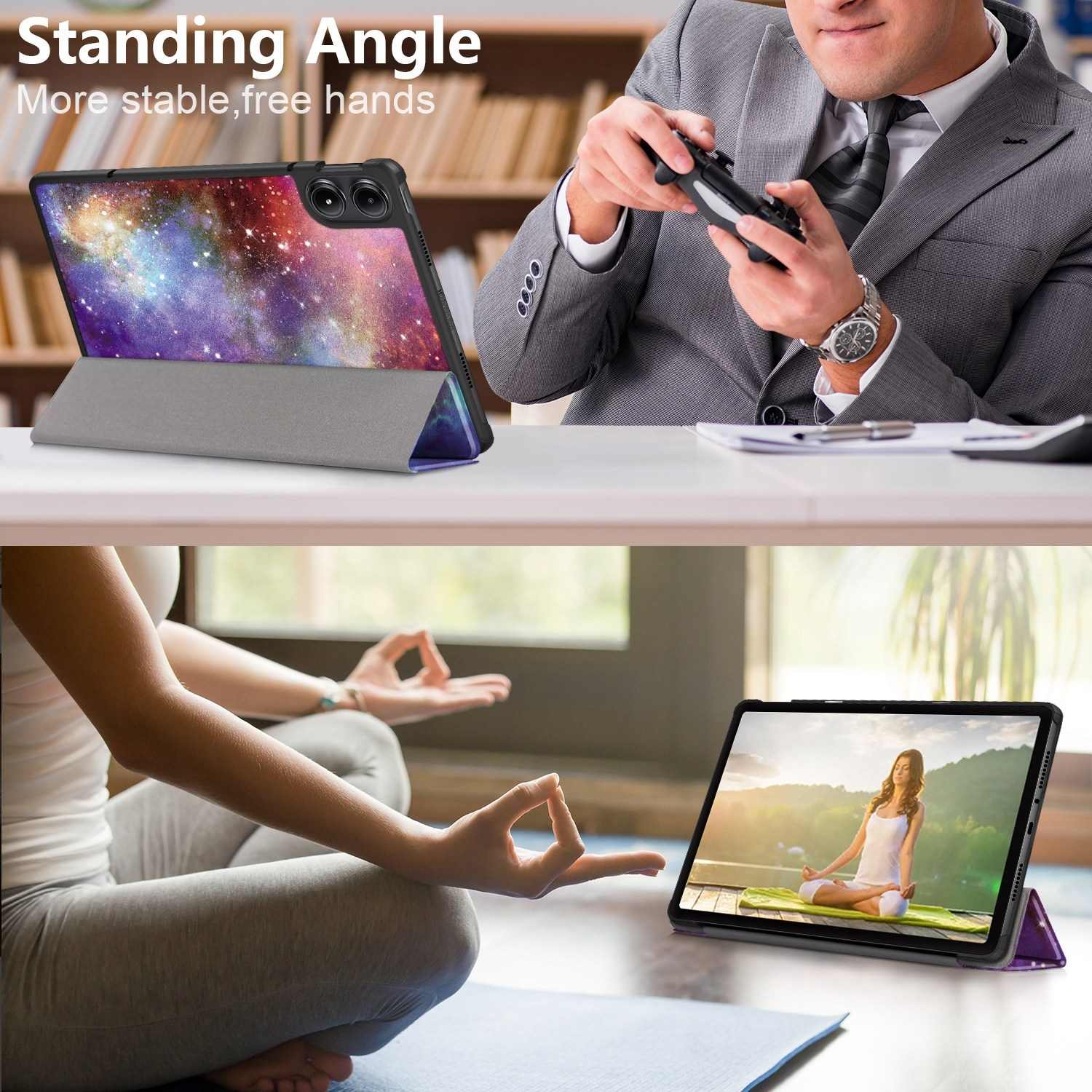 Ein Mann nutzt ein Tablet im Standmodus, während eine Frau ein Tablet in Yoga-Pose nutzt, was seine Vielseitigkeit zeigt.