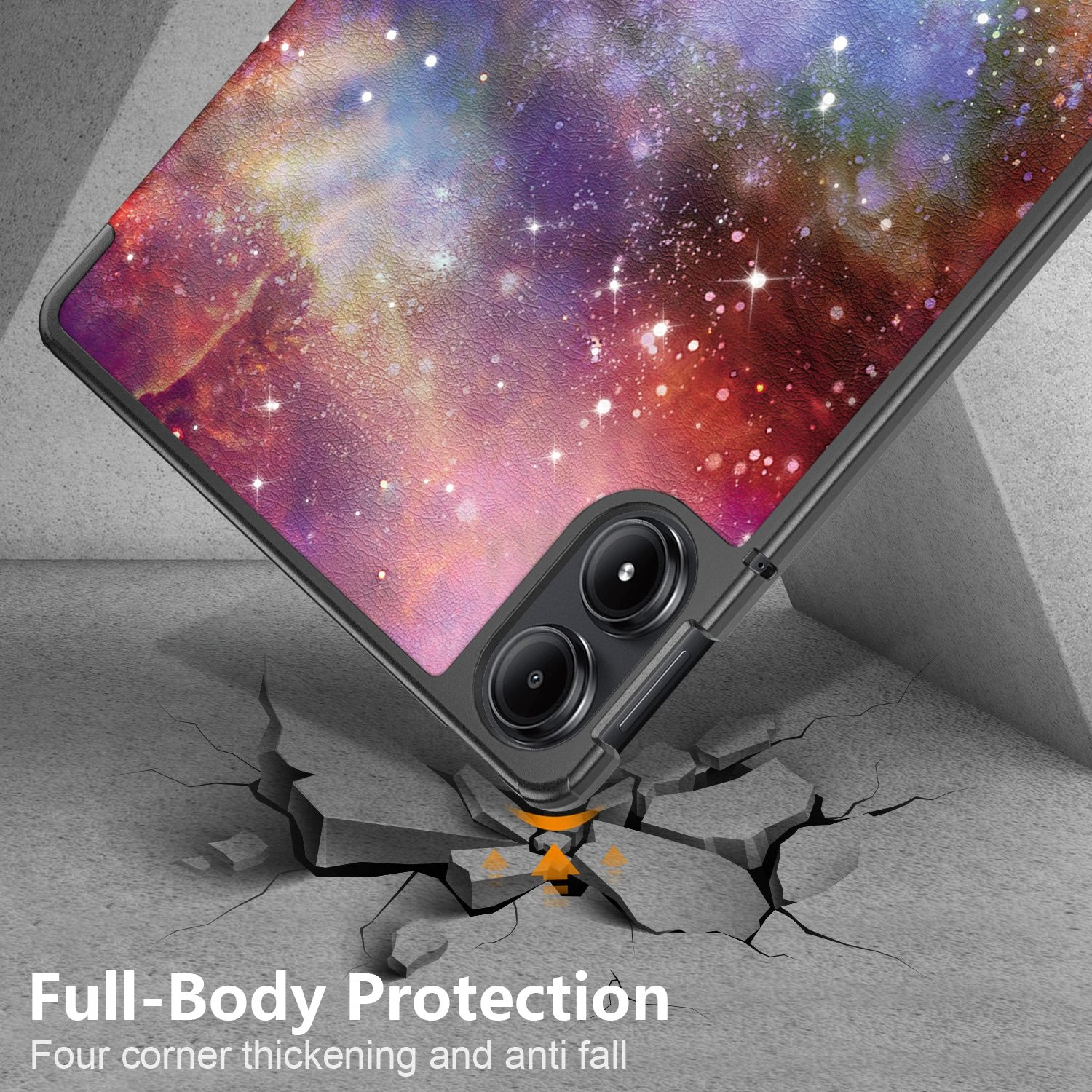 Ein Telefon liegt auf einer zerbrochenen Oberfläche und zeigt Ganzkörperschutz. Das Telefon zeigt ein Galaxy-Bild.