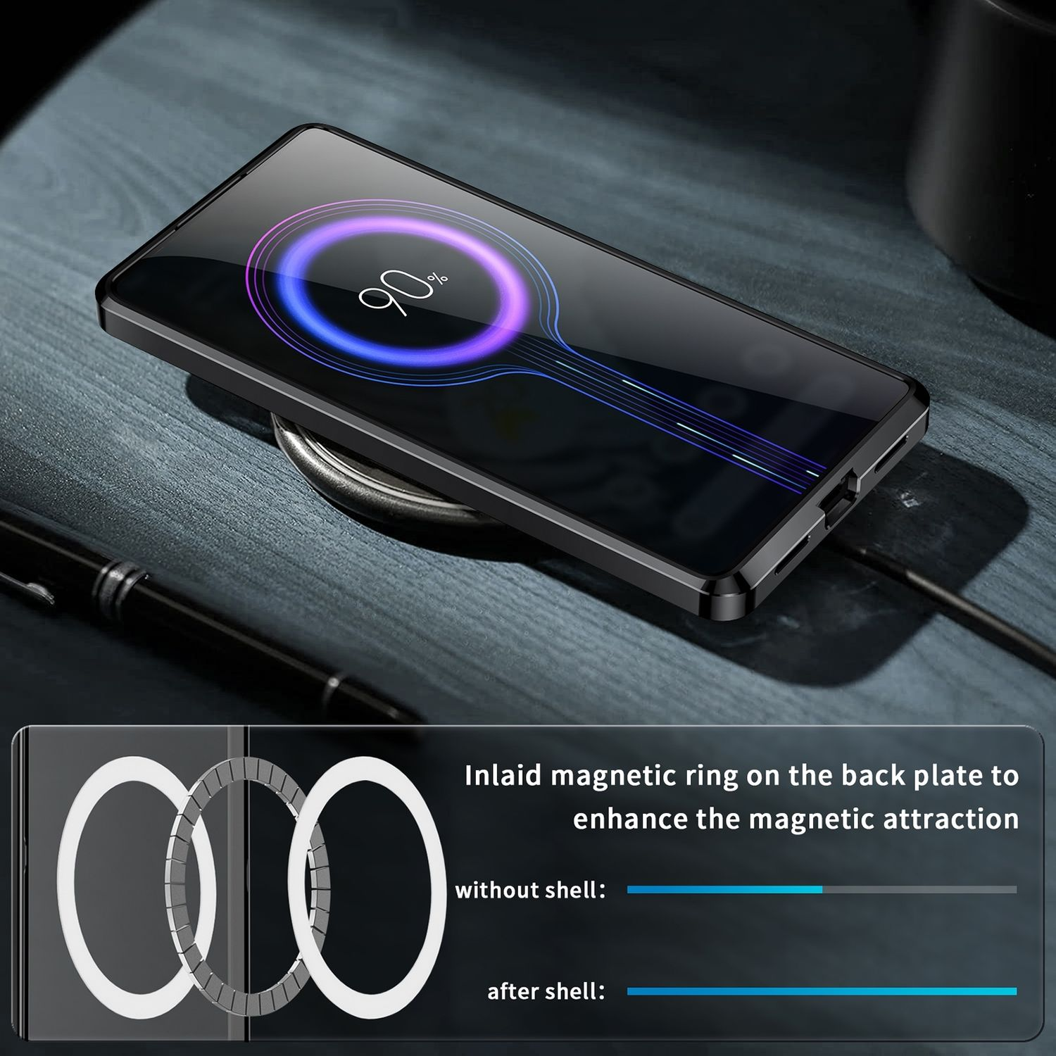 Ein schwarzes Telefon wird auf einem kabellosen Ladegerät geladen. Ein Einsatz zeigt die magnetische Ringverstärkung.