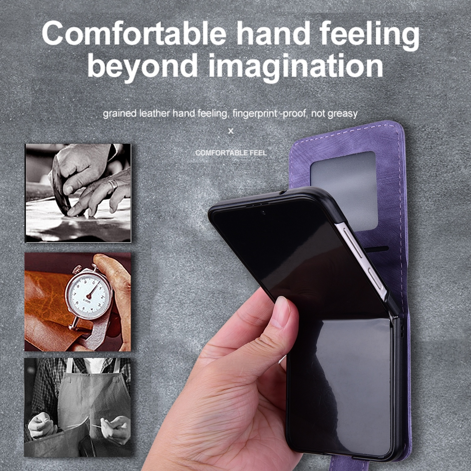 Hand hält schwarzes Telefon in lila Hülle mit Bildern.