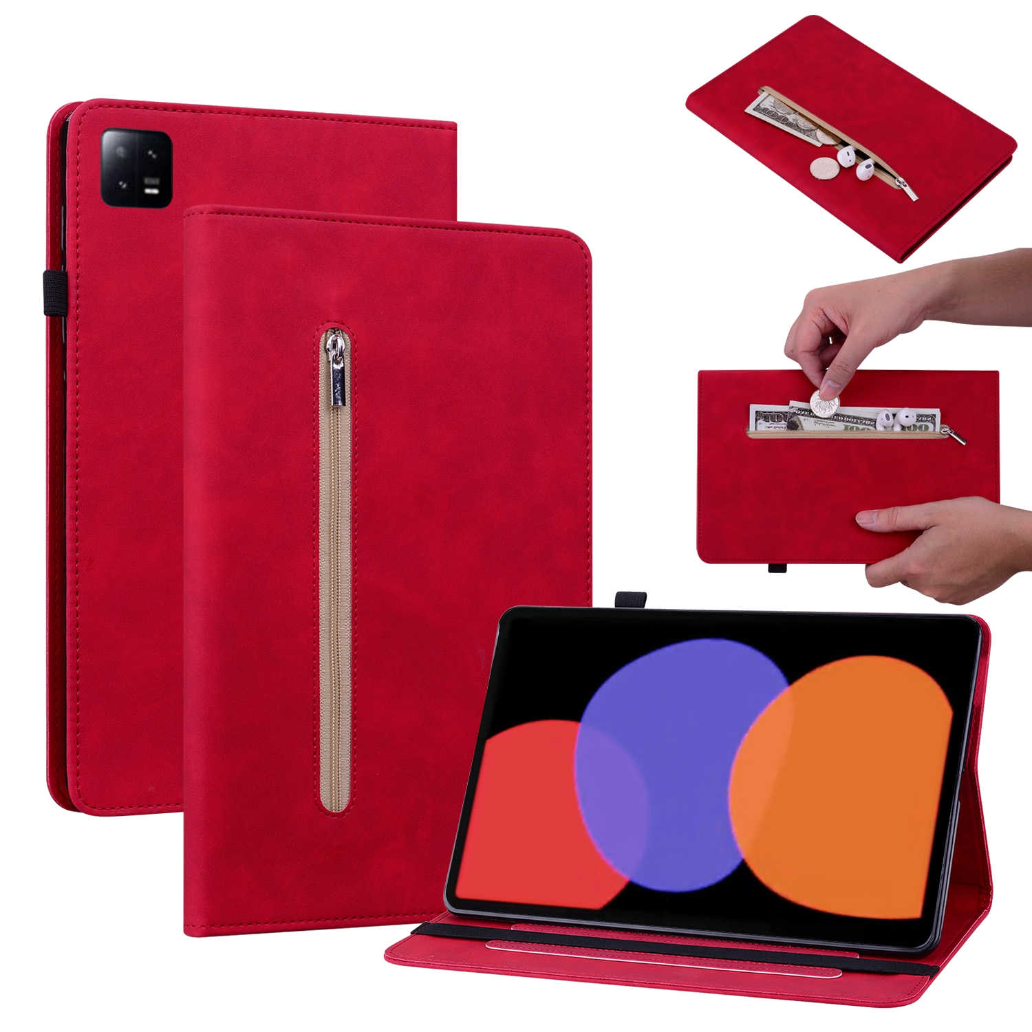 Rote Tablet-Hülle mit Reißverschluss, Tasche und Händen, die ein Tablet halten.