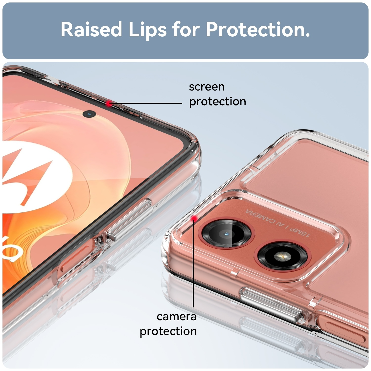 Nahaufnahme einer Handyhülle mit Bildschirm- und Kameraschutz. Zeigt ein rosa Telefon und Hülle.