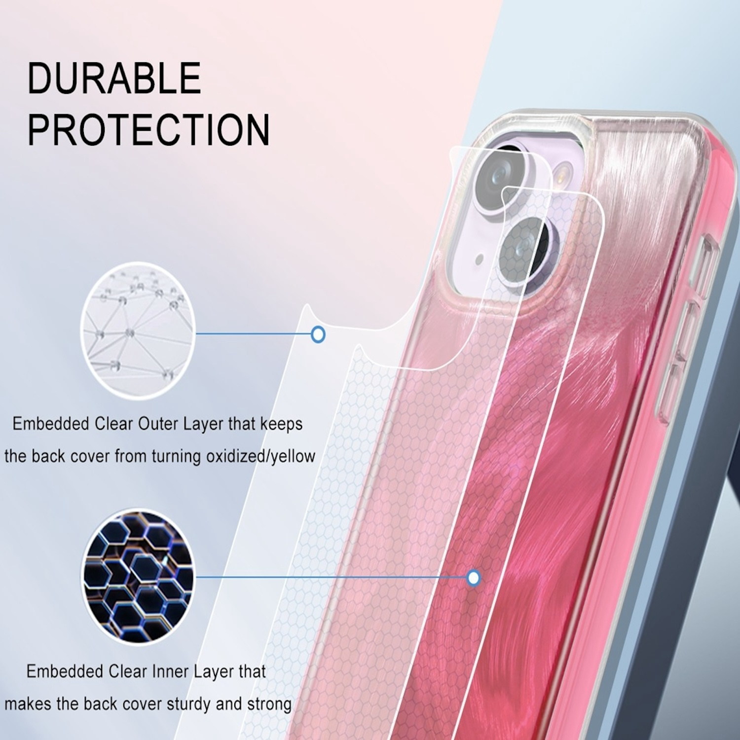 Eine Handyhülle mit einer transparenten Außenschicht und einer rosa Innenschicht mit Wabenmuster.