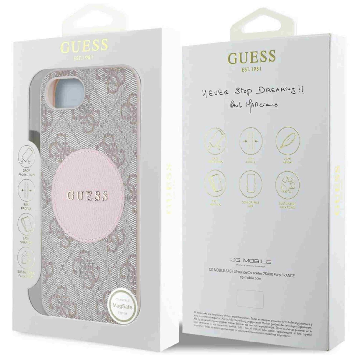 Handyhülle in der Box. Weiße Box mit GUESS-Logo und Text. Rosa und graue Hülle darin.