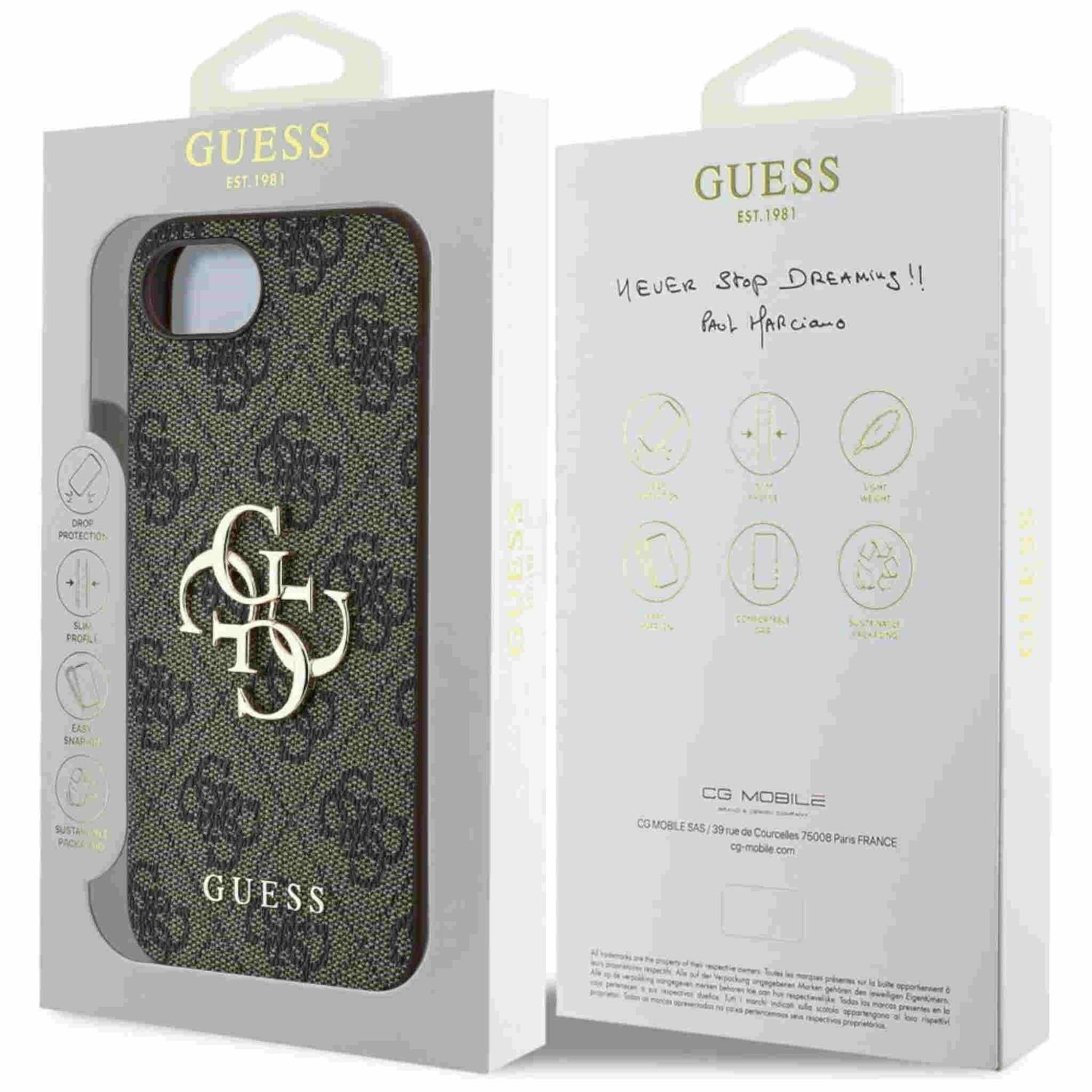 Handyhülle in der Box. Weiße Box mit GUESS-Logo und Text. Braune und goldene Hülle darin.