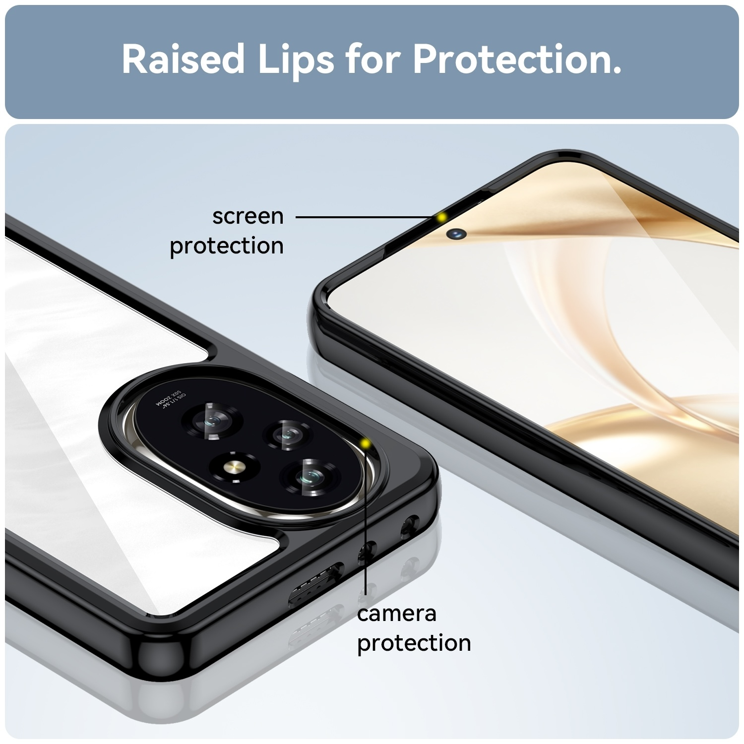 Primer plano de una funda de teléfono con bordes elevados que protegen la pantalla y la cámara.