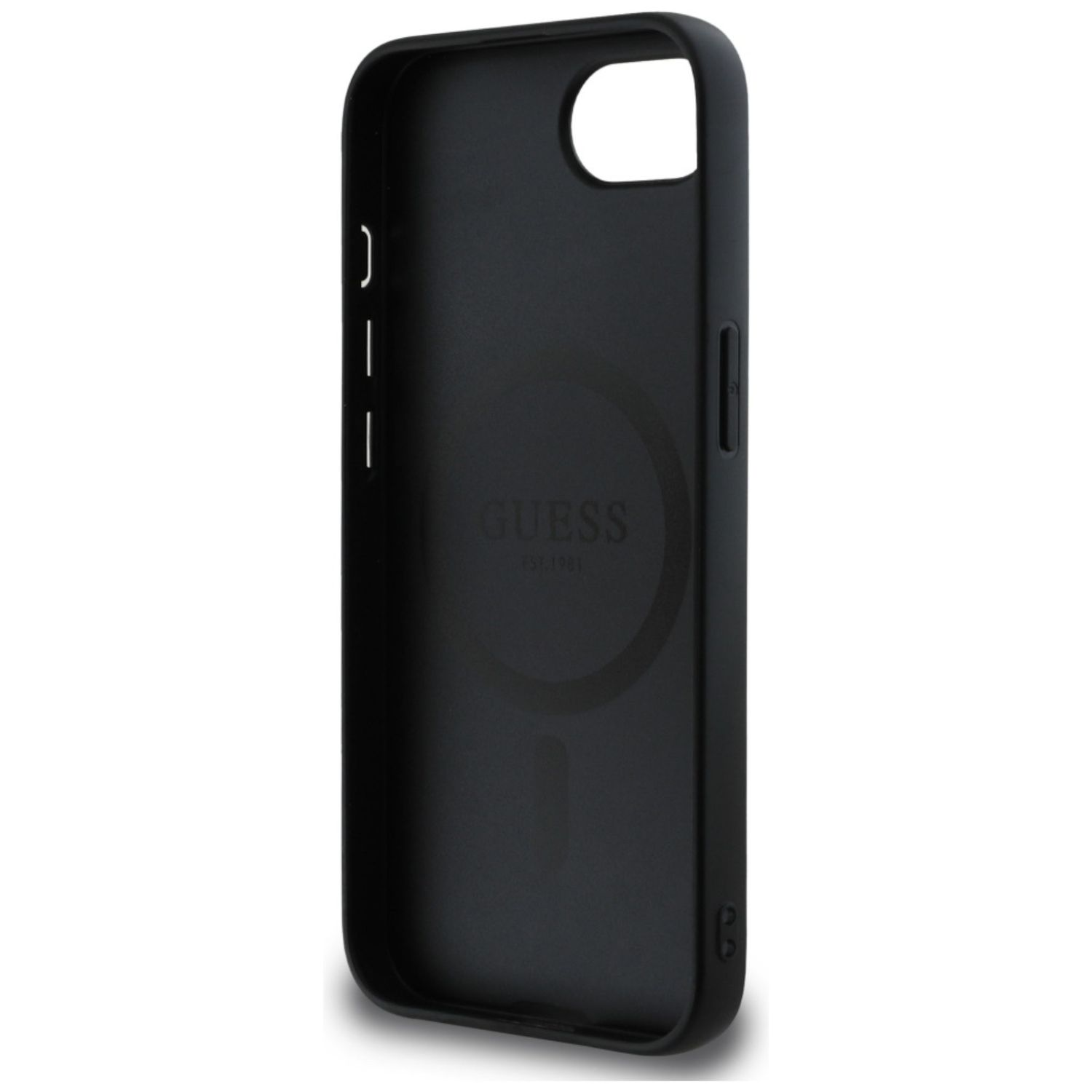 Schwarzes Telefongehäuse-Innenteil mit GUESS-Logo, Details für den Telefonschutz.