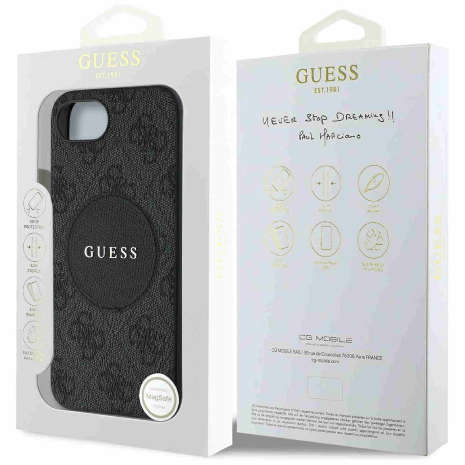 Handyhülle mit schwarzem Muster auf weißer Schachtel. Die Schachtel hat das GUESS-Logo und Text.