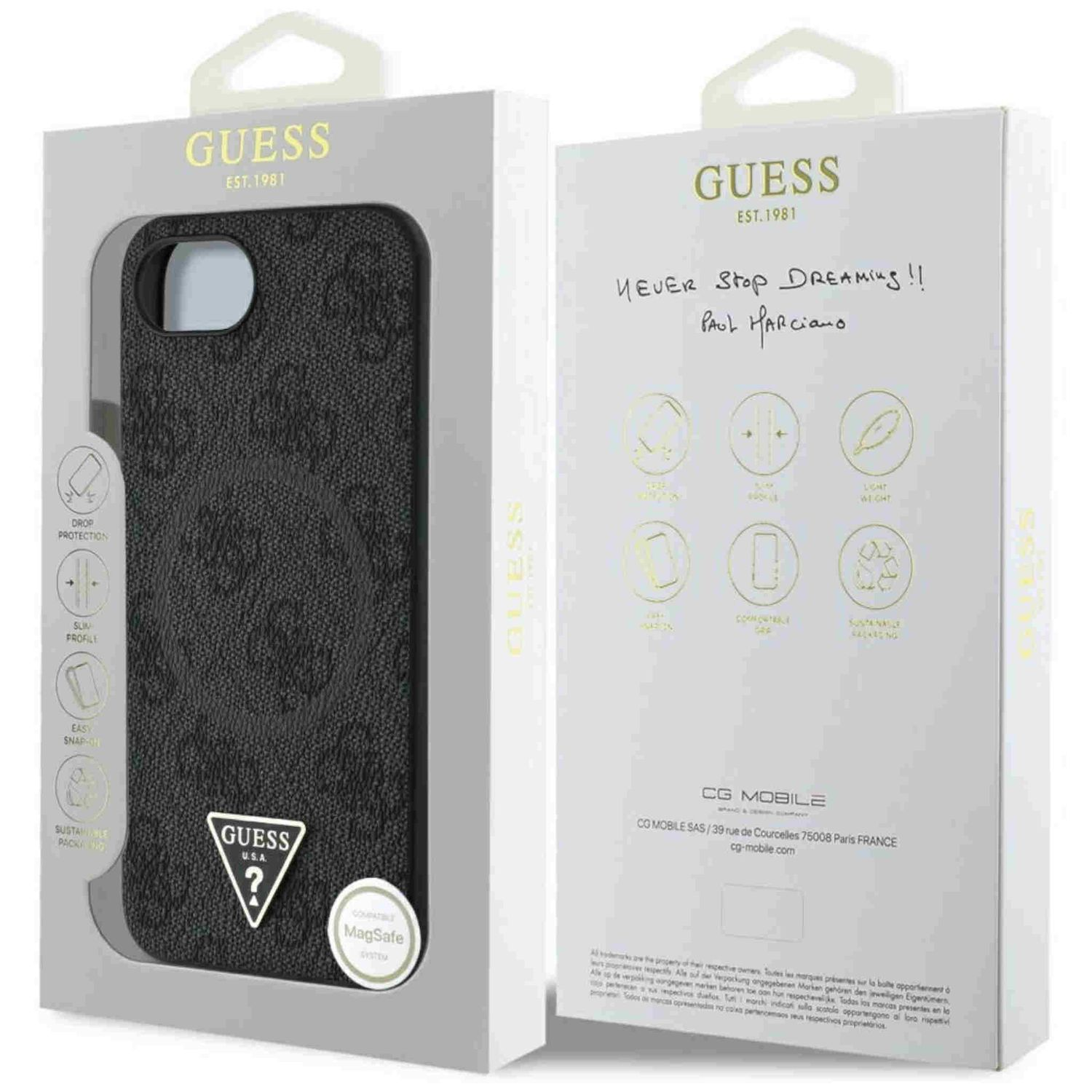 Schwarze Handyhülle in einer Box, mit Guess-Logo und Text sowie Icons. Box hat einen weißen Hintergrund.