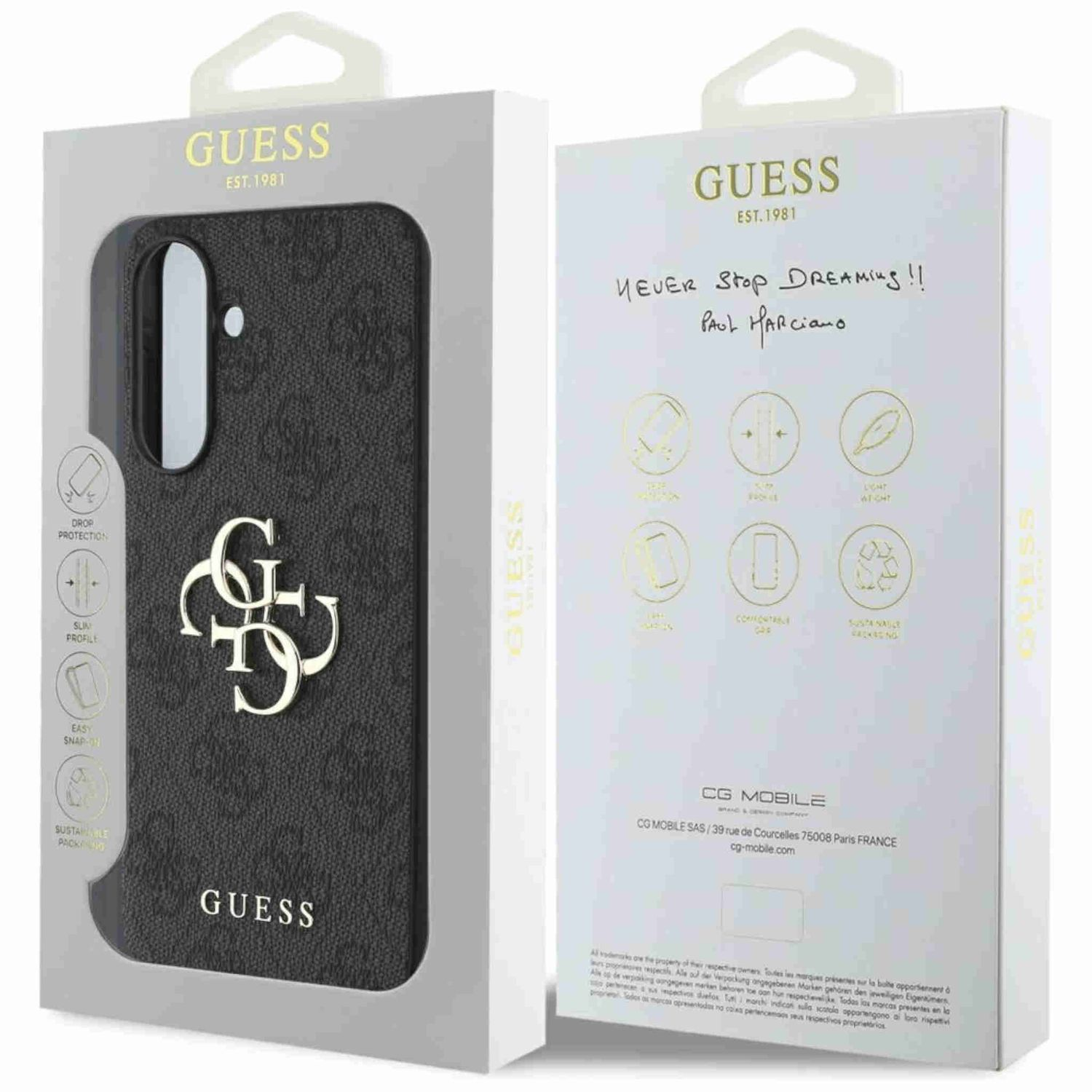 Handyhülle in einer Schachtel. Schwarze Hülle mit Guess-Logo. Box hat Text und Zeichnungen. Anhänger vorhanden.
