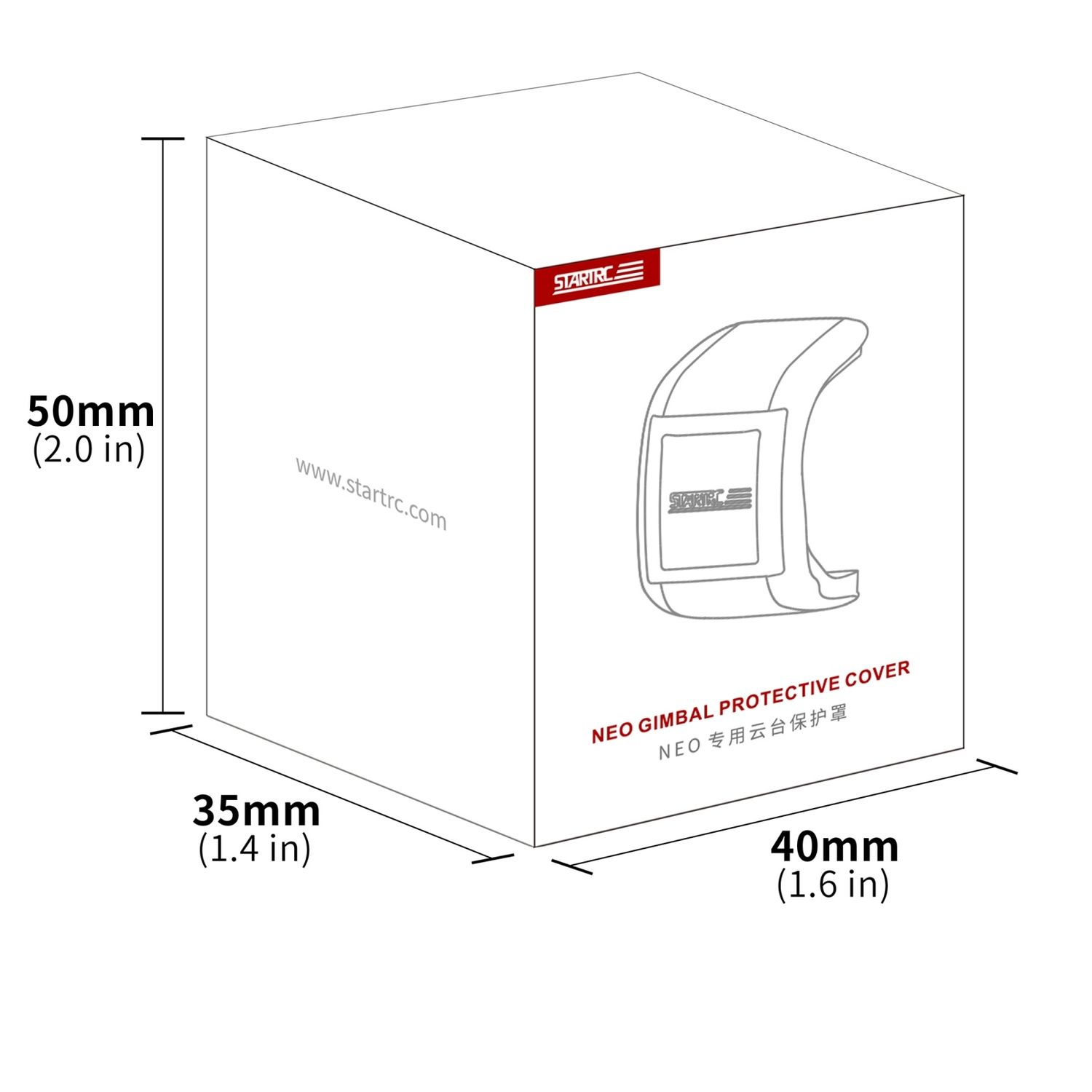 Weiße Box mit Abmessungen. Box hat eine Zeichnung eines Wearables. Text: Neo Gimbal Protective Cover.