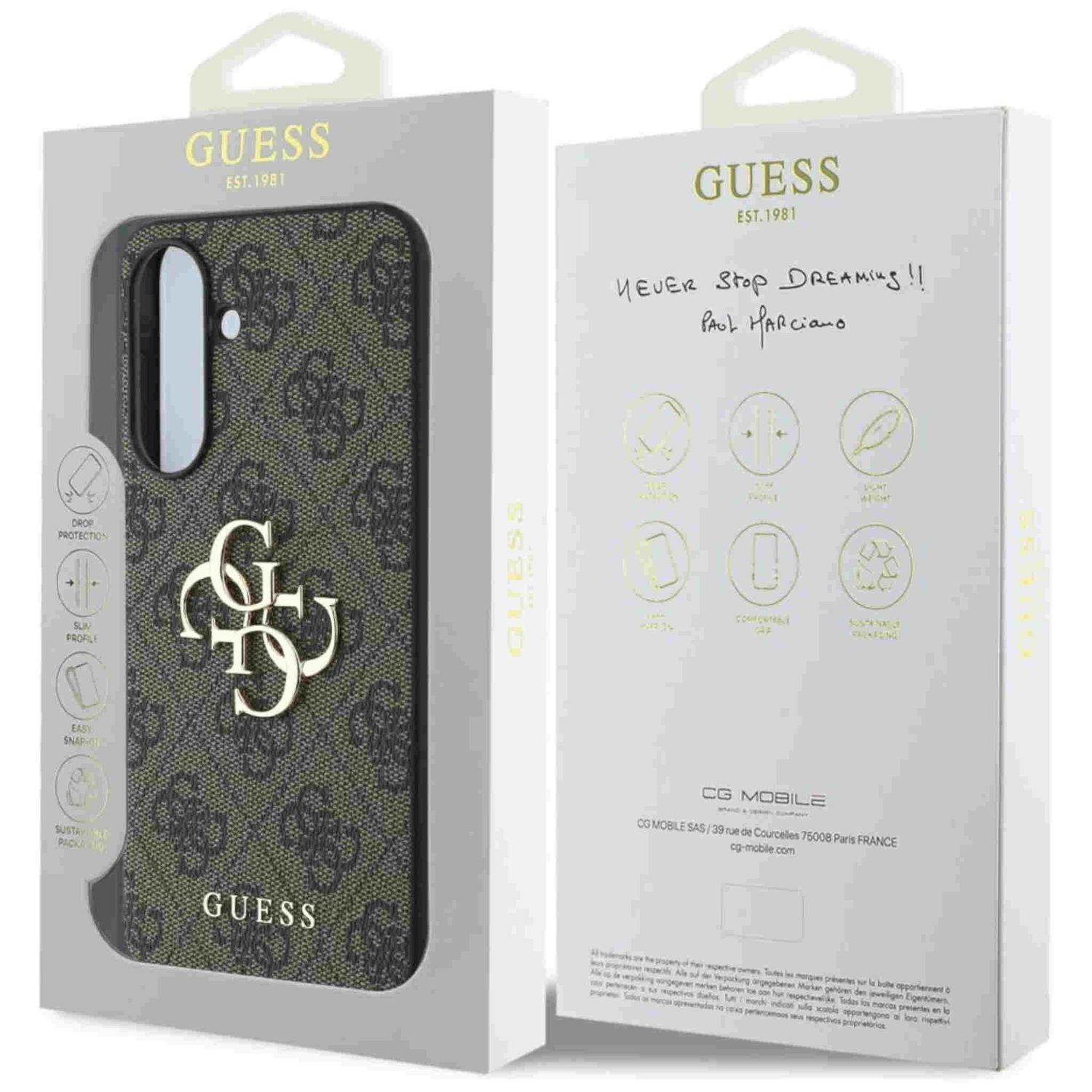 Etui na telefon w pudełku. Zielono-czarne etui z logo Guess. Pudełko ma tekst i rysunki. Etykieta wisząca jest obecna.