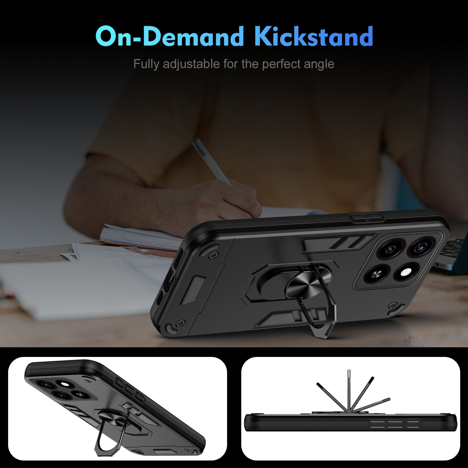 Handyhülle mit Metallring-Kickstand, bei Bedarf. Das Telefon ruht auf dem Kickstand.