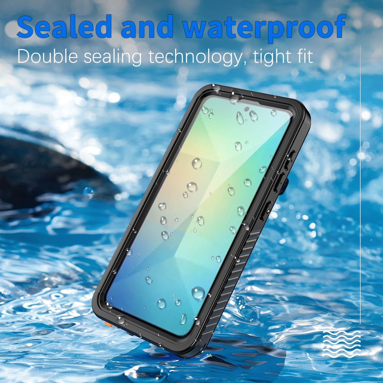 Eine schwarze Handyhülle im Wasser. Der Bildschirm des Telefons ist sichtbar.