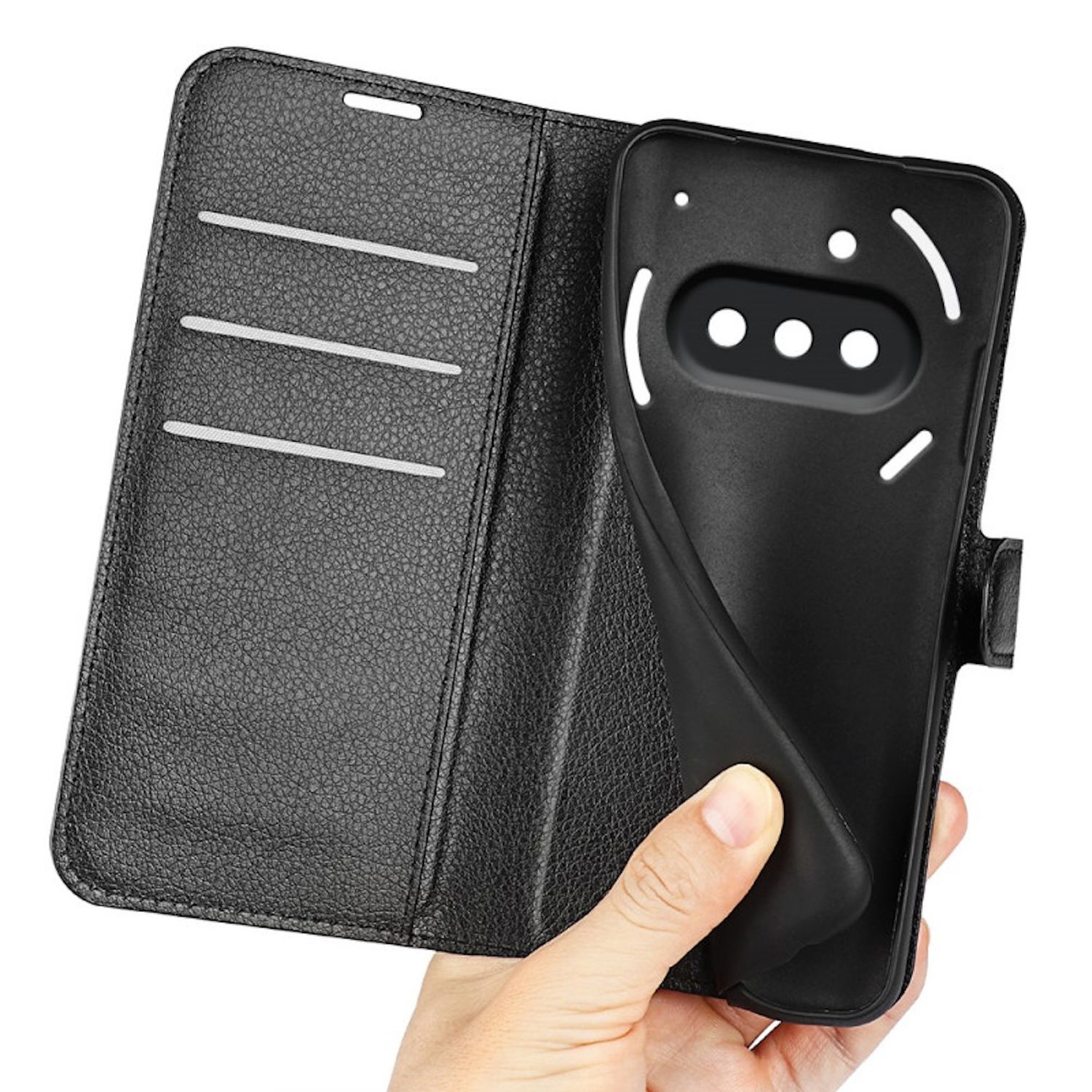 Schwarze Handyhülle im Brieftaschenstil, offen, das Telefon innen zeigend.