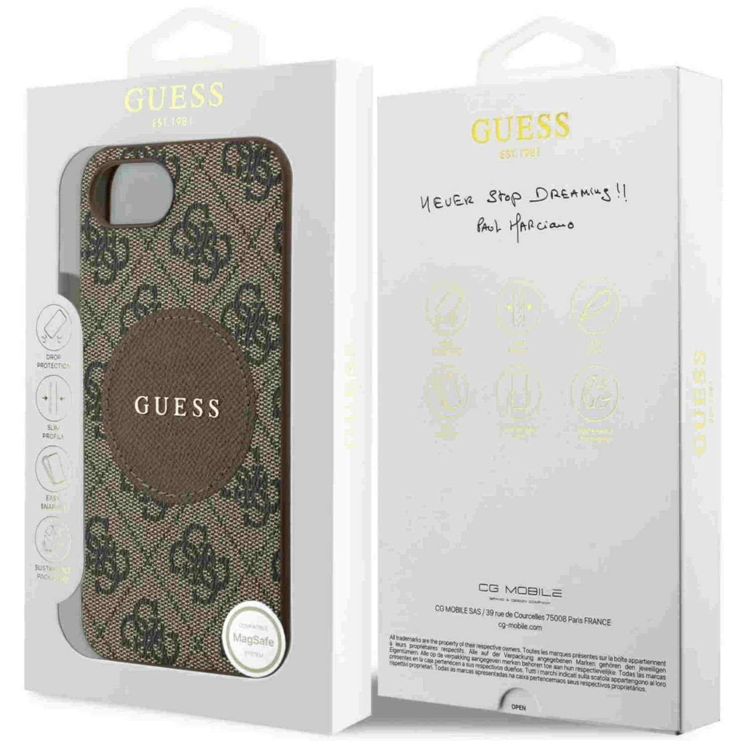 Handyhülle in einer Box mit Guess-Logo und braunem kreisförmigen Patch auf weißem Hintergrund.