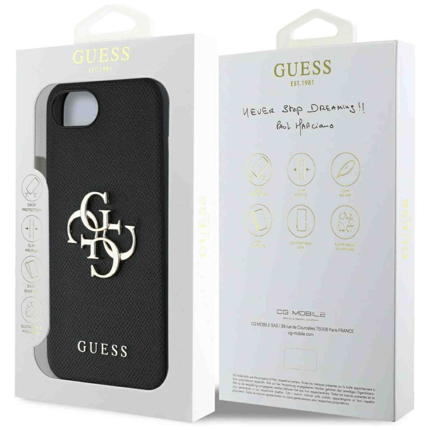 Custodia nera in una scatola con logo 'GUESS' dorato su sfondo bianco.