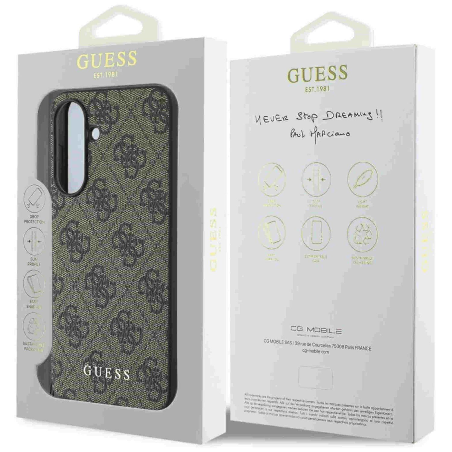 Etui GUESS na telefon w pudełku, białe tło.
