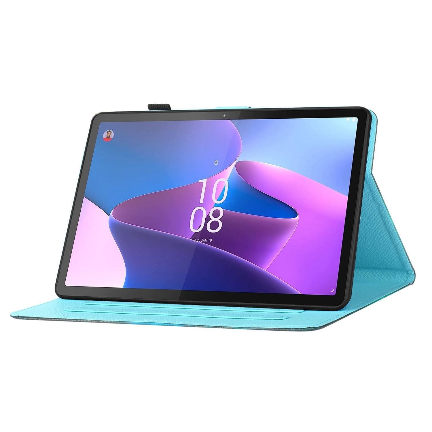 Tableta con una cubierta azul, que muestra una pantalla con la fecha y hora. La cubierta está abierta.