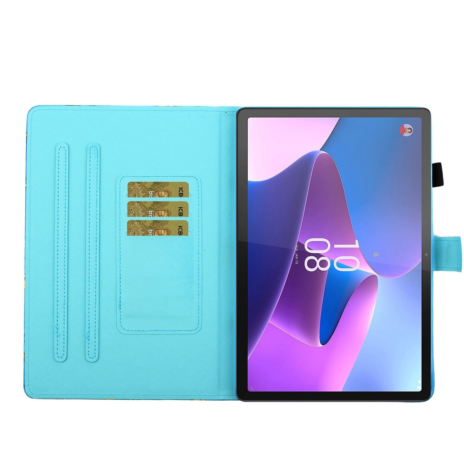 Tableta en una funda azul. La funda tiene ranuras para tarjetas. La pantalla muestra la fecha y hora.