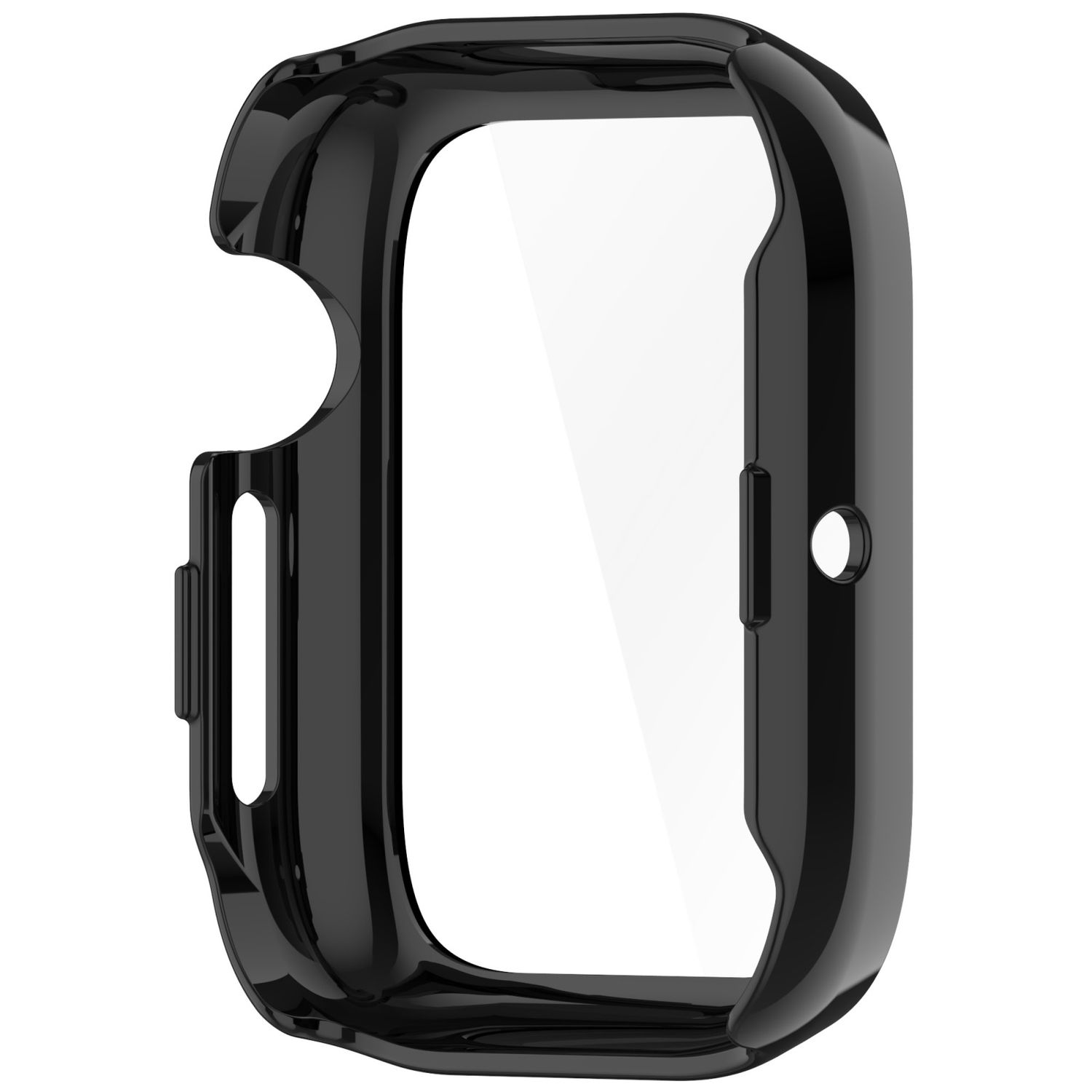 Ein glänzend schwarzes Uhrengehäuse mit transparentem Displayschutz, das die Form der Uhr zeigt.