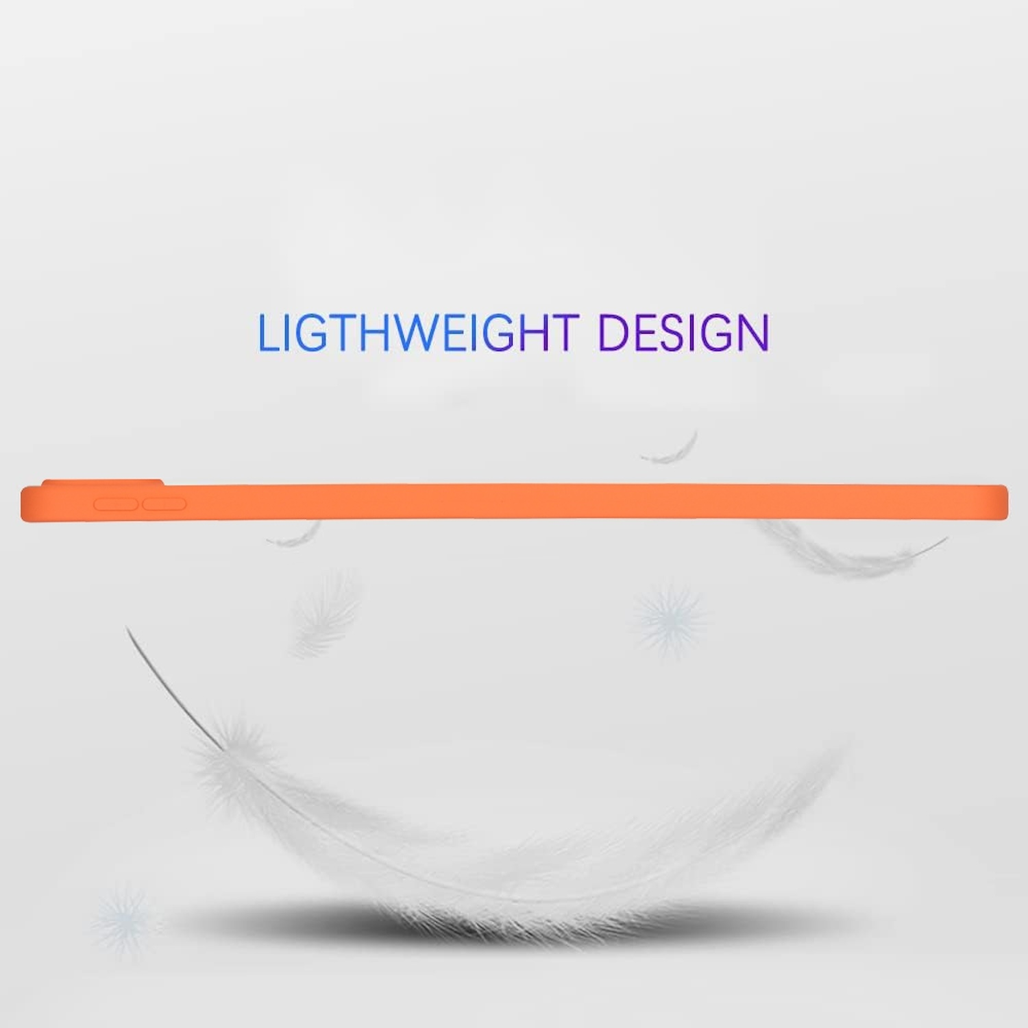 Eine orangefarbene Tablethülle mit leichtem Design, mit einer Feder, die in der Luft schwebt.