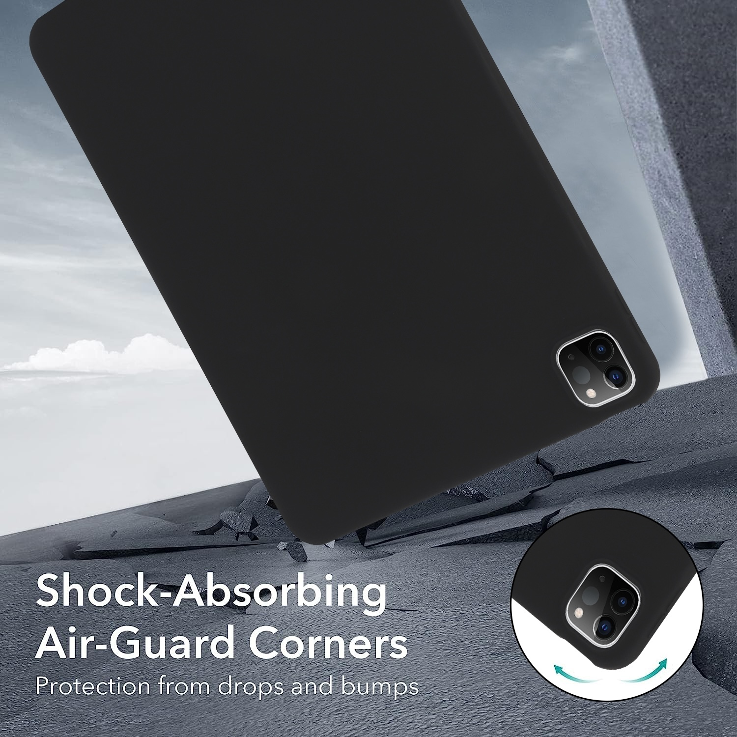 Eine schwarze Tablethülle mit stoßdämpfenden Air-Guard-Ecken.