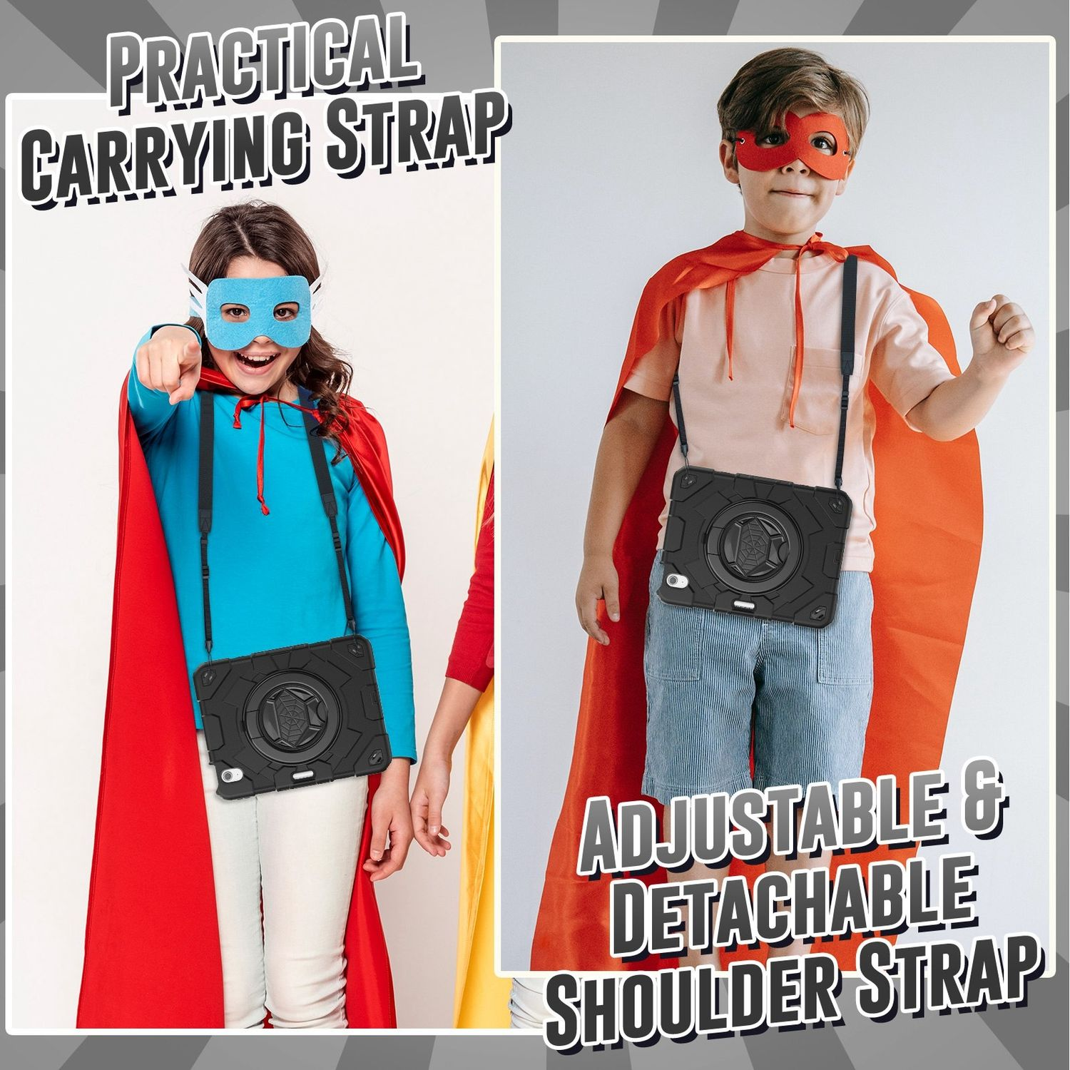 Zwei Kinder mit Umhängen und Tablethüllen auf der Brust. Eines mit blauer Maske, das andere mit roter.