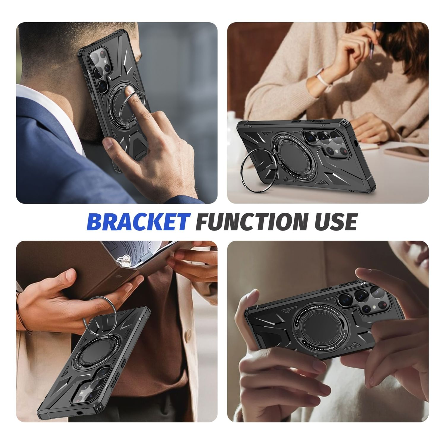 Schwarze Handyhüllen mit Ringhaltern, in verschiedenen Umgebungen und Handpositionen verwendet.