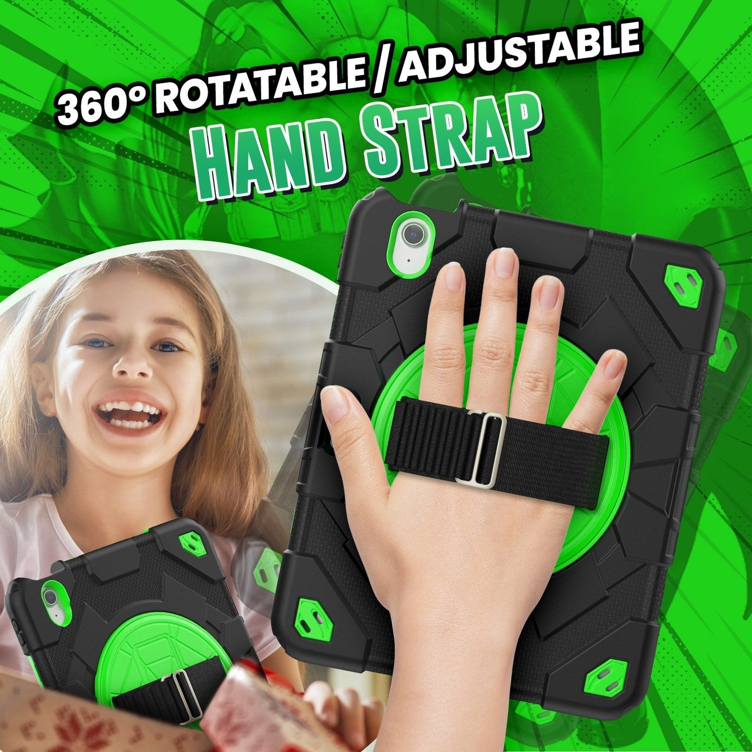 Niña sosteniendo una tableta en una funda protectora negra y verde con correa de mano.