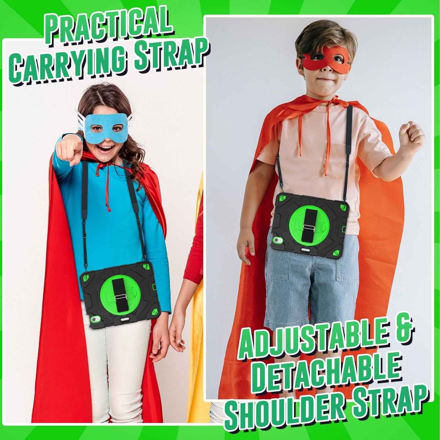 Dos niños con capas y máscaras con fundas para tabletas que usan correas para los hombros, sobre un fondo blanco.