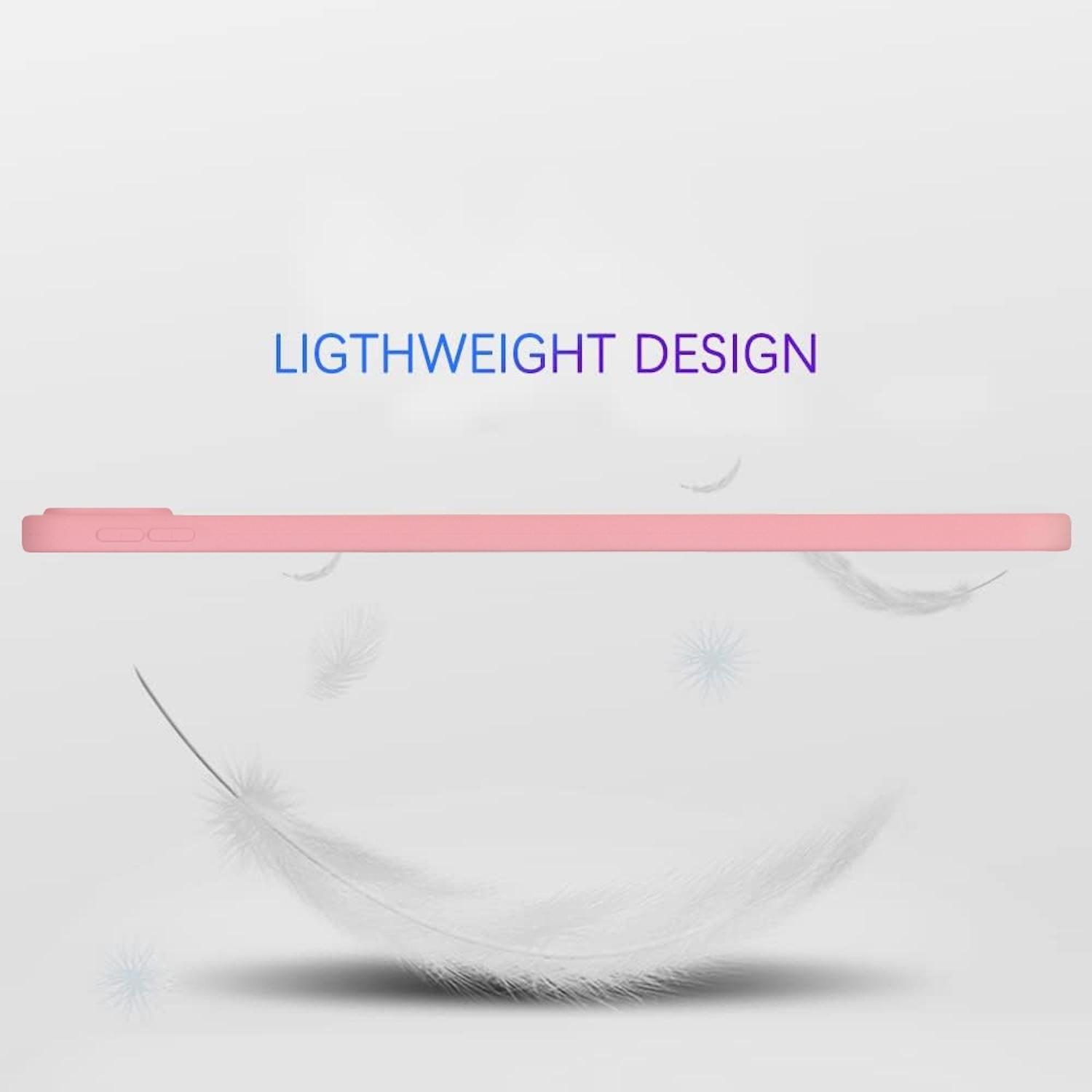 Rosa Handyhülle mit weißer Feder und dem Text 'LIGHTWEIGHT DESIGN'.